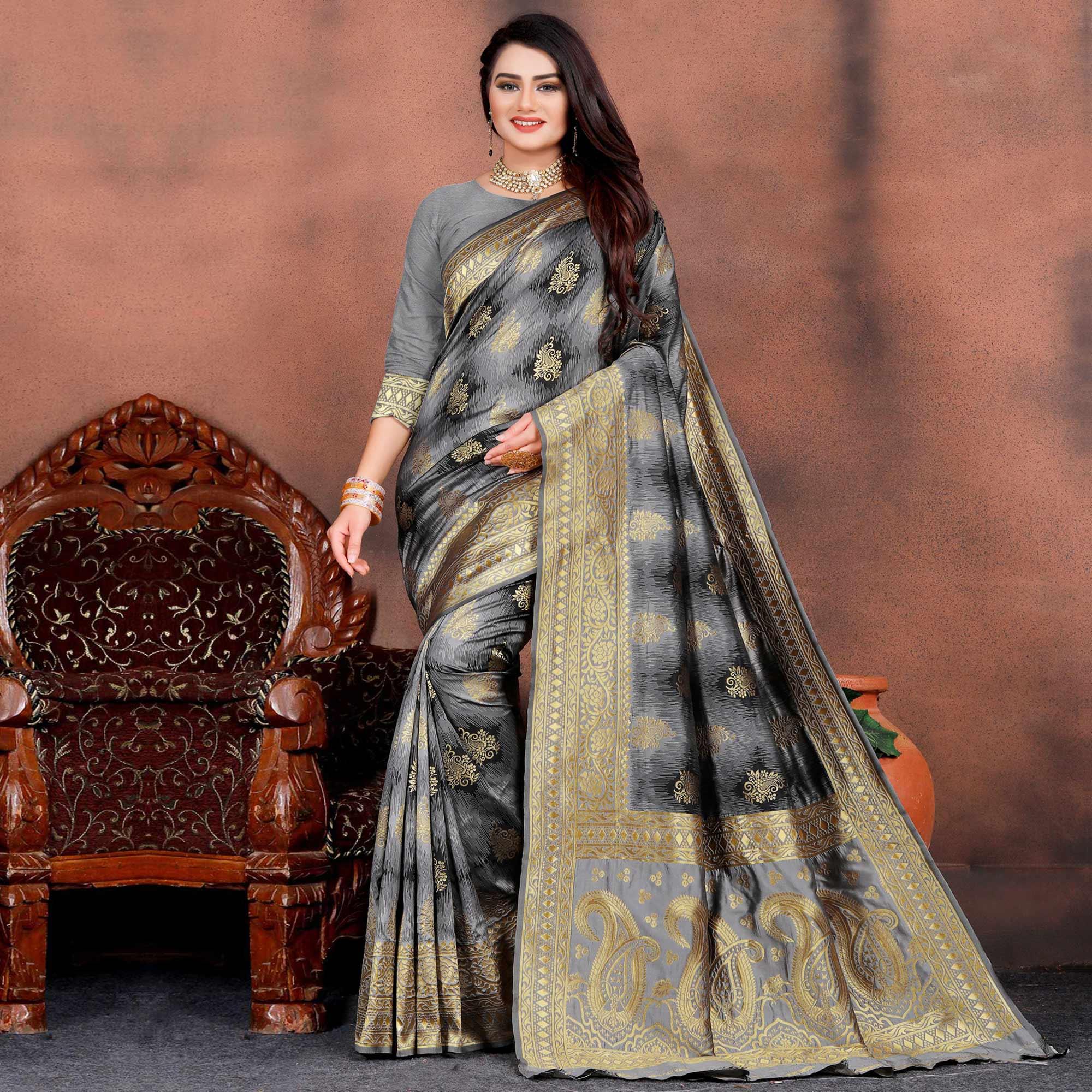 Opulent Grey Colored Festive Wear Woven Silk Saree - Peachmode