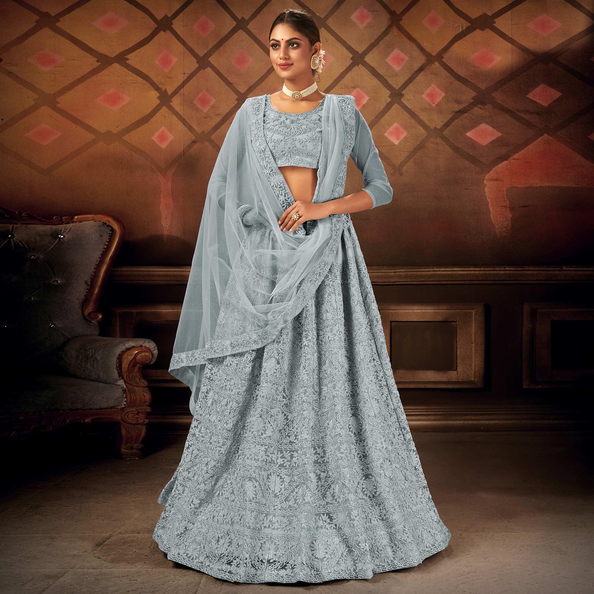 Opulent Grey Colored Partywear Embroidered Net Lehenga Choli - Peachmode