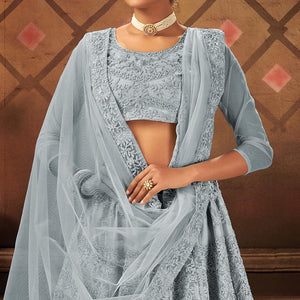 Opulent Grey Colored Partywear Embroidered Net Lehenga Choli - Peachmode