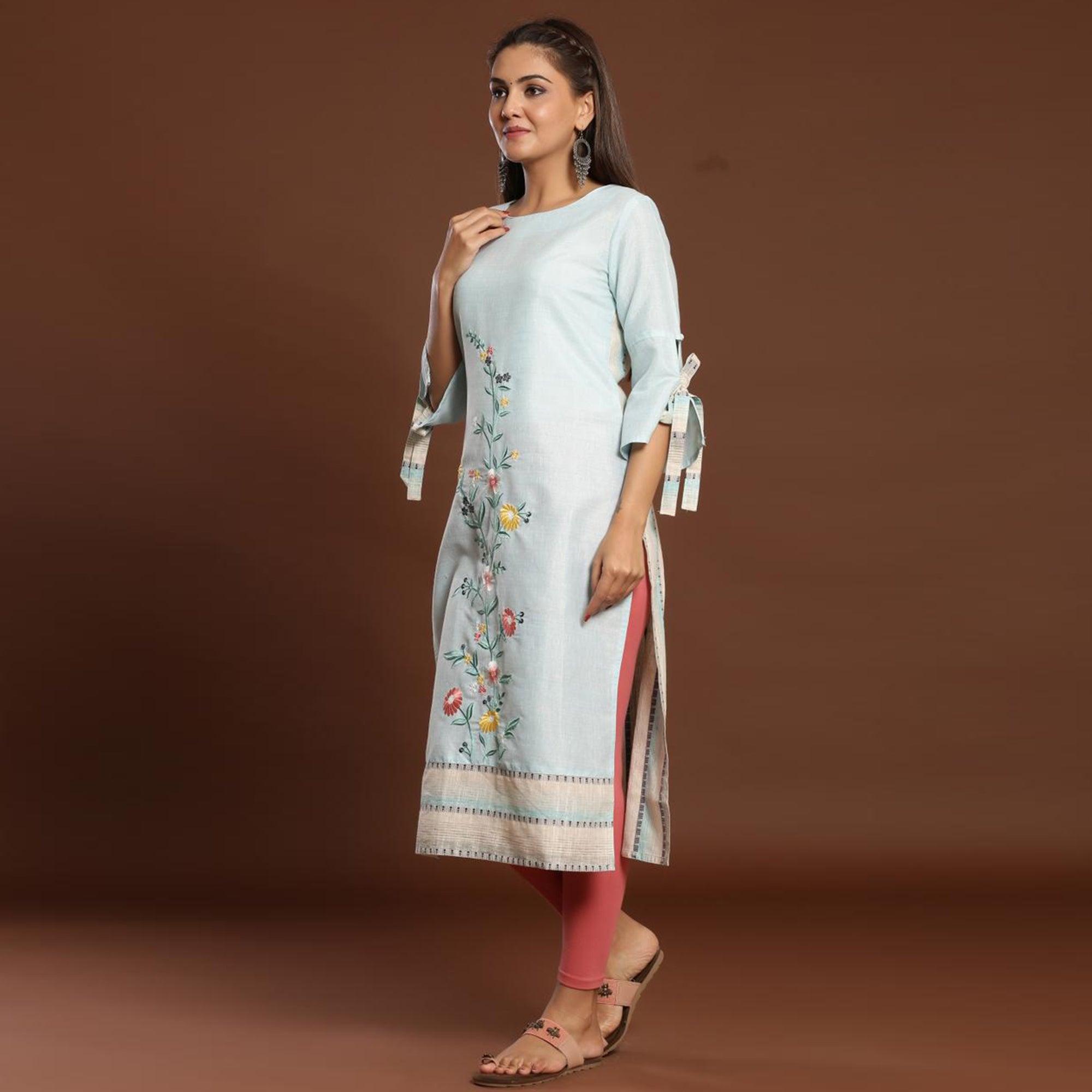 Opulent Light Blue Colored Casual Wear Embroidered Cotton Kurti - Peachmode