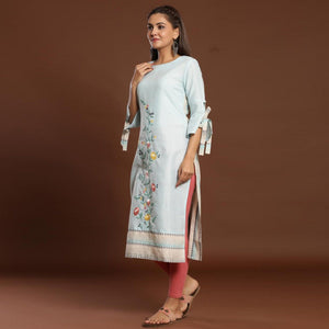 Opulent Light Blue Colored Casual Wear Embroidered Cotton Kurti - Peachmode