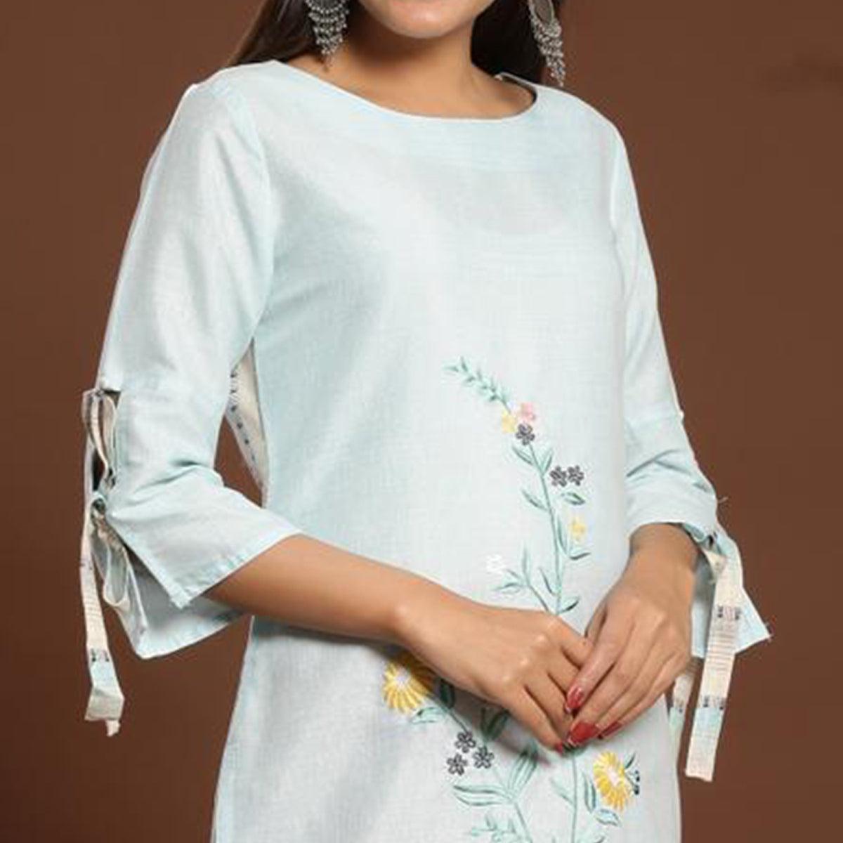 Opulent Light Blue Colored Casual Wear Embroidered Cotton Kurti - Peachmode