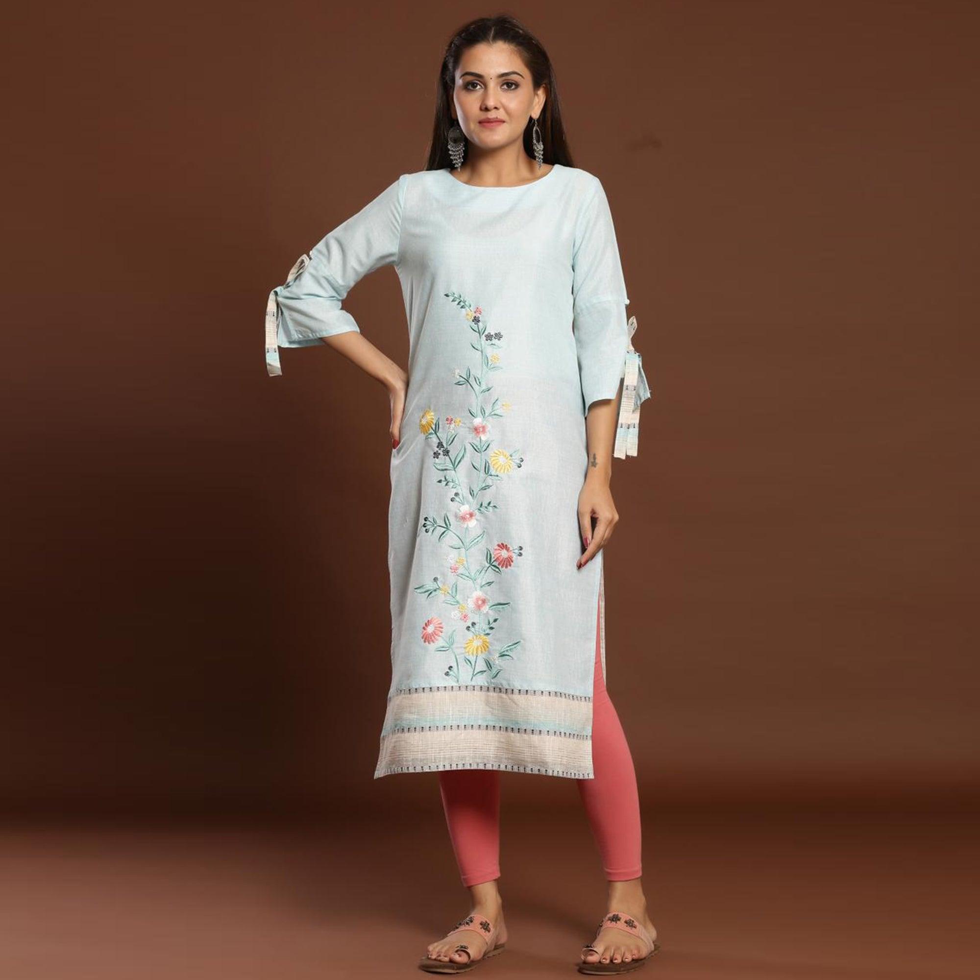 Opulent Light Blue Colored Casual Wear Embroidered Cotton Kurti - Peachmode