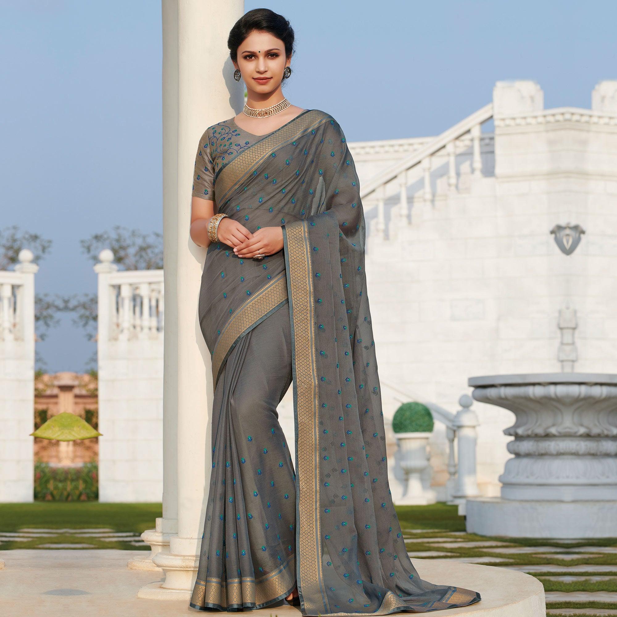 Opulent Light Grey Colored Party Wear Embroidered Chiffon Saree - Peachmode