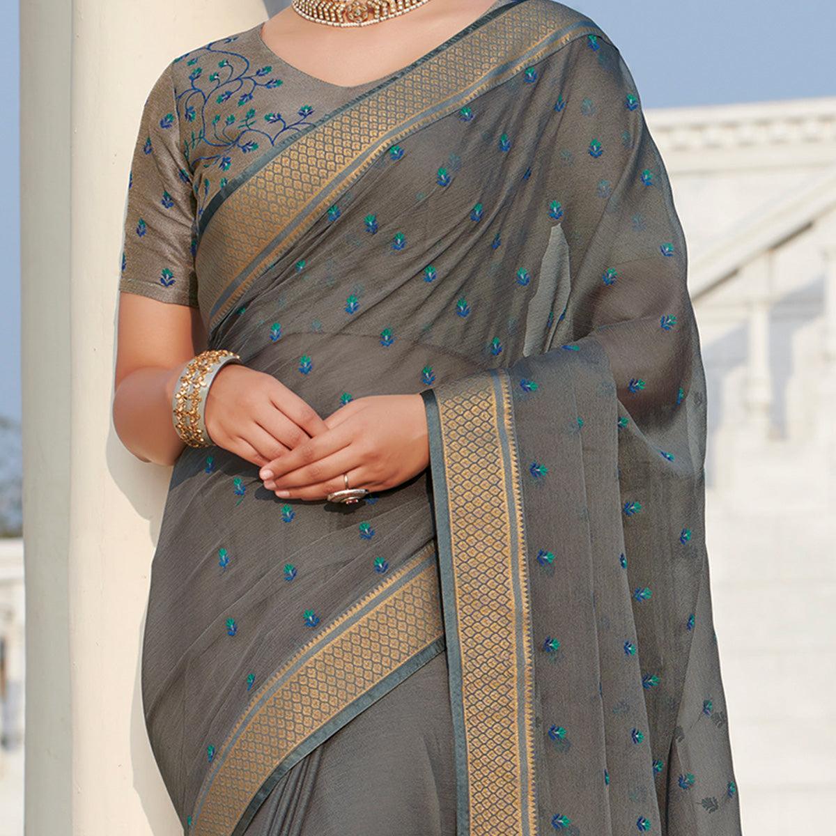 Opulent Light Grey Colored Party Wear Embroidered Chiffon Saree - Peachmode