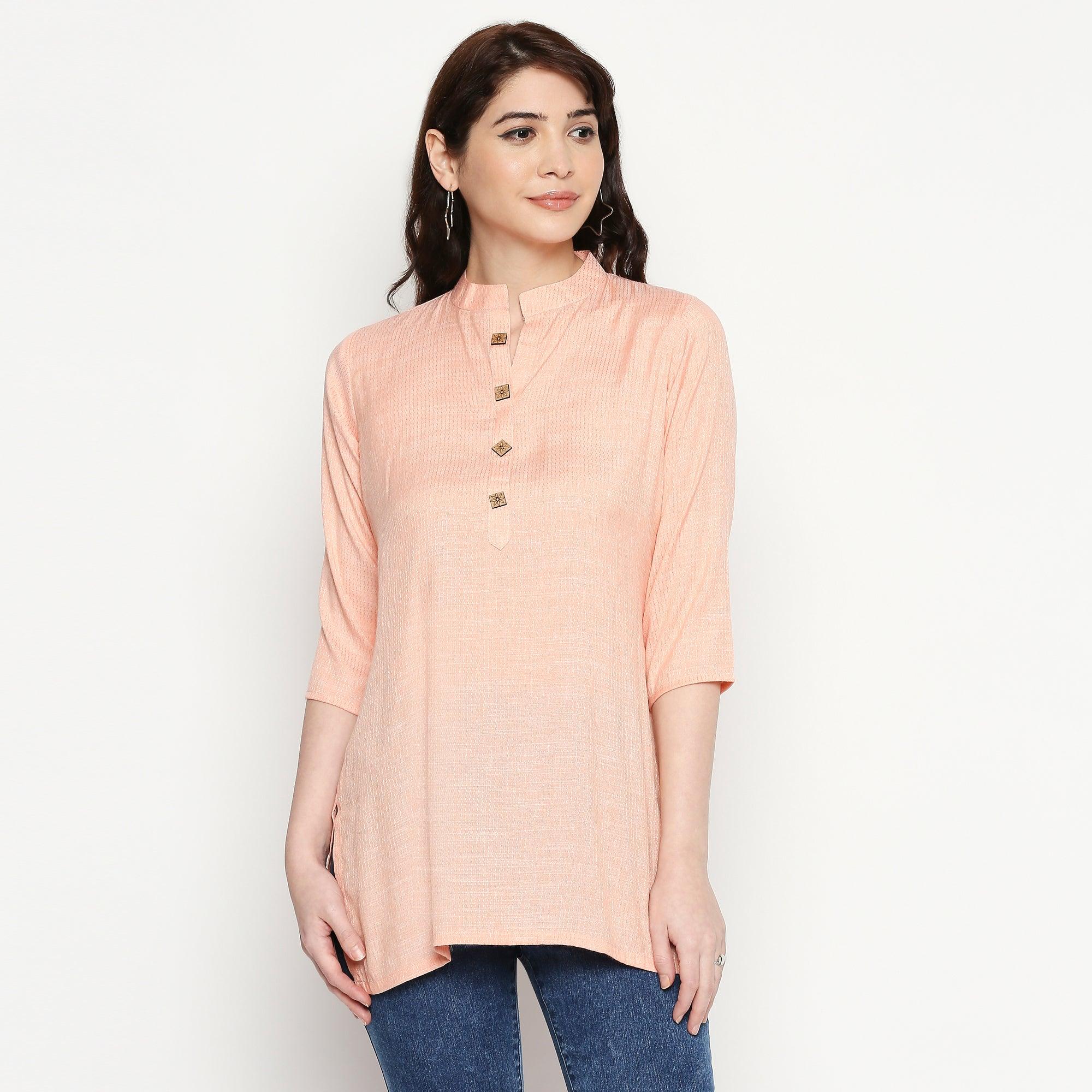 Opulent Light Peach Colored Casual Wear Solid Cotton Western Top - Peachmode