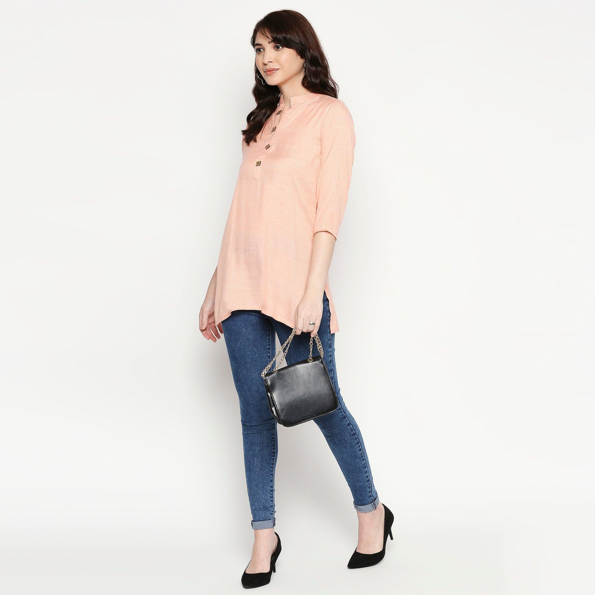 Opulent Light Peach Colored Casual Wear Solid Cotton Western Top - Peachmode