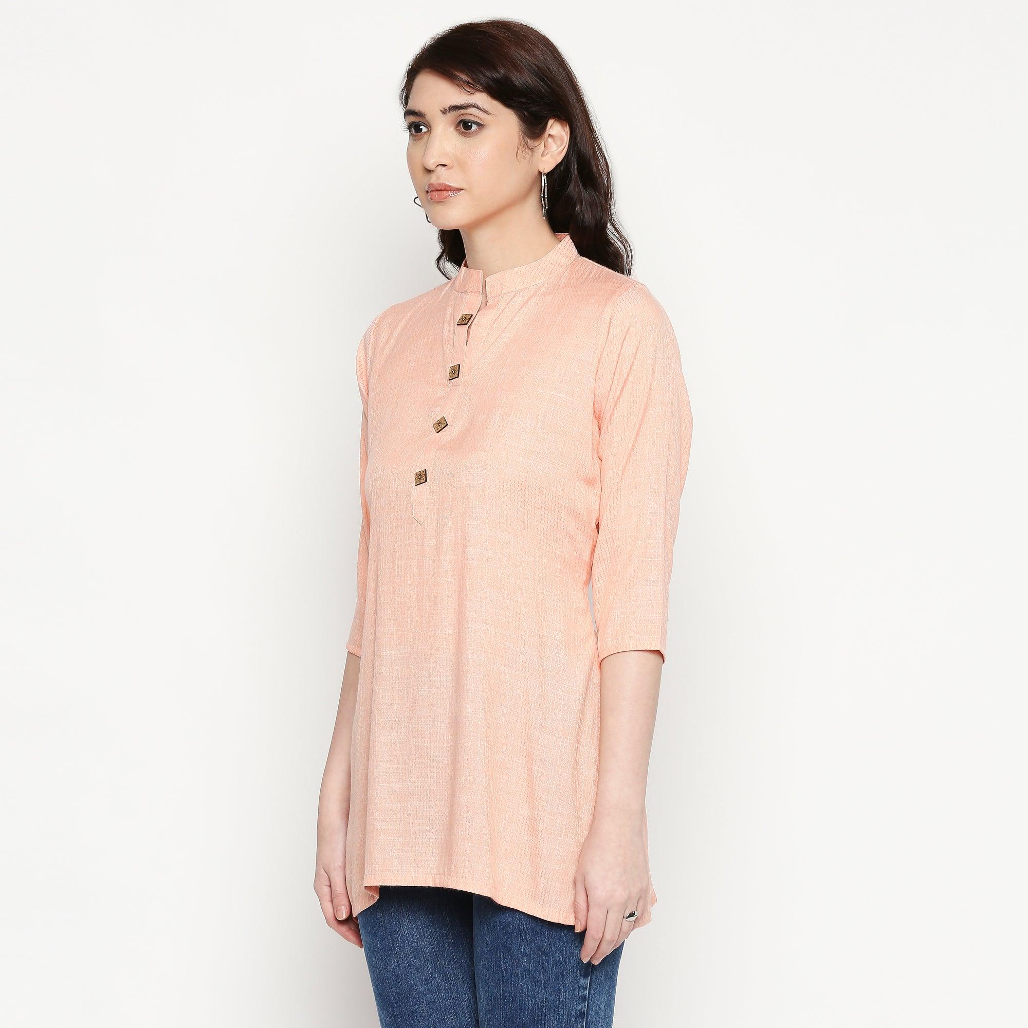 Opulent Light Peach Colored Casual Wear Solid Cotton Western Top - Peachmode