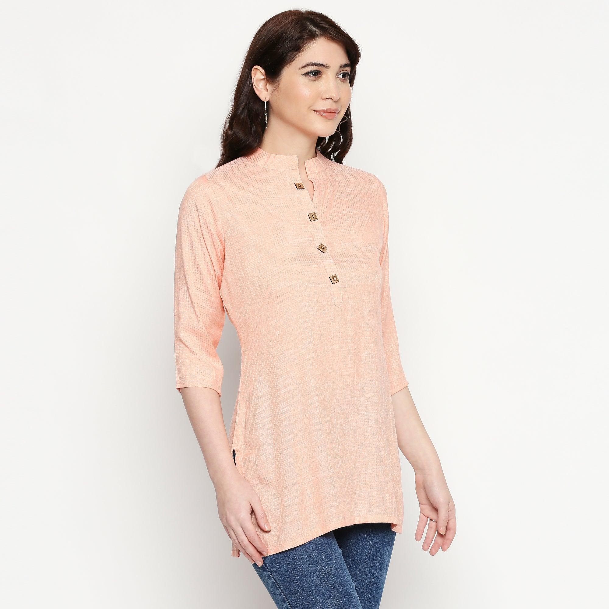 Opulent Light Peach Colored Casual Wear Solid Cotton Western Top - Peachmode