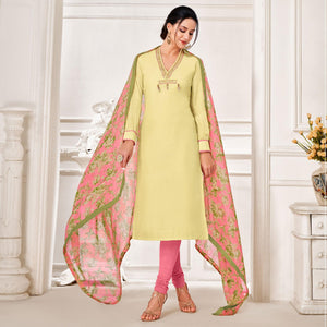 Opulent Light Yellow Colored Casual Wear Embroidered Chanderi Dress Material - Peachmode