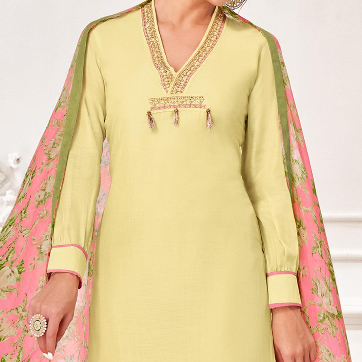Opulent Light Yellow Colored Casual Wear Embroidered Chanderi Dress Material - Peachmode
