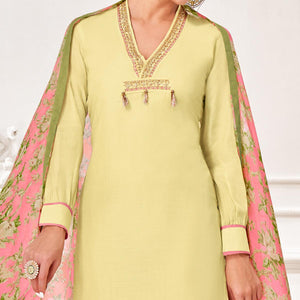 Opulent Light Yellow Colored Casual Wear Embroidered Chanderi Dress Material - Peachmode