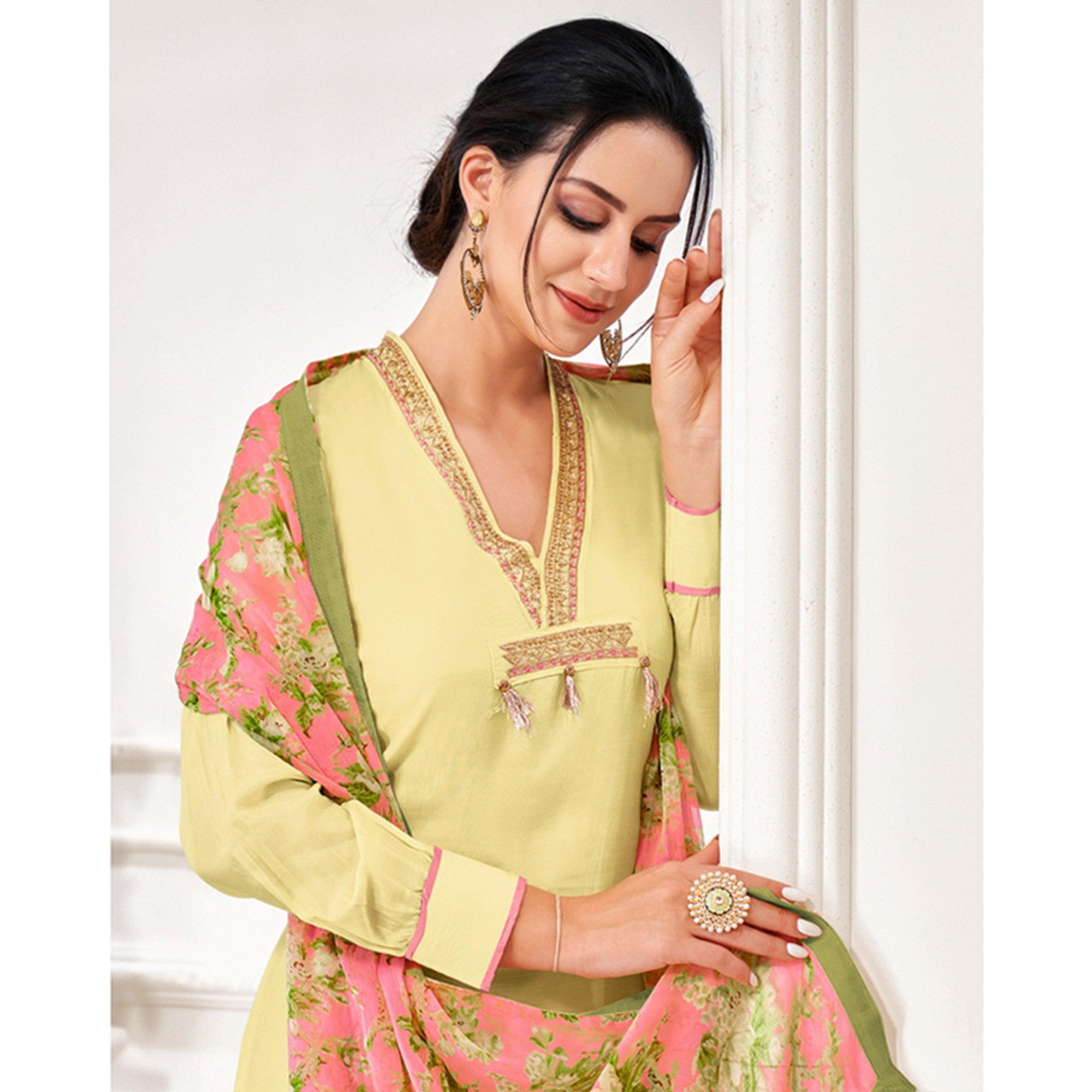 Opulent Light Yellow Colored Casual Wear Embroidered Chanderi Dress Material - Peachmode
