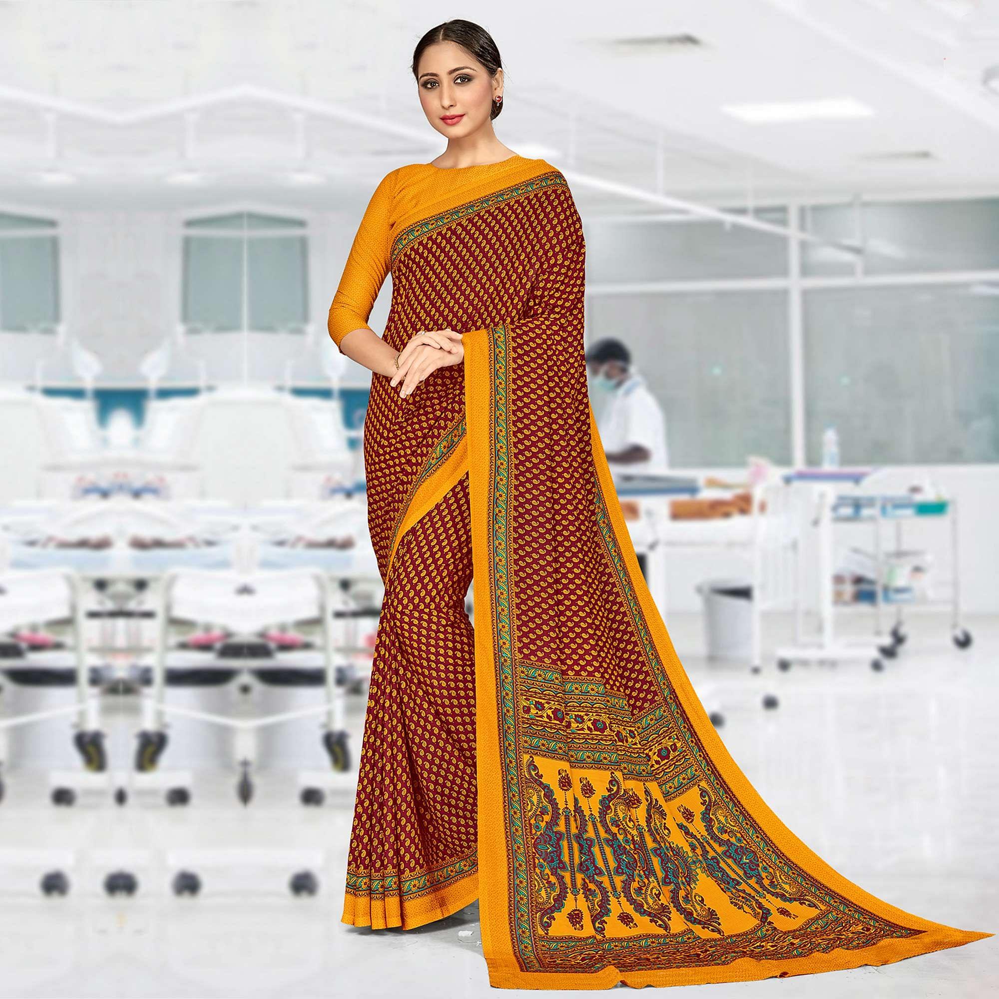 Opulent Maroon & Mustard Coloured Casual Wear Printed Crepe Saree - Peachmode