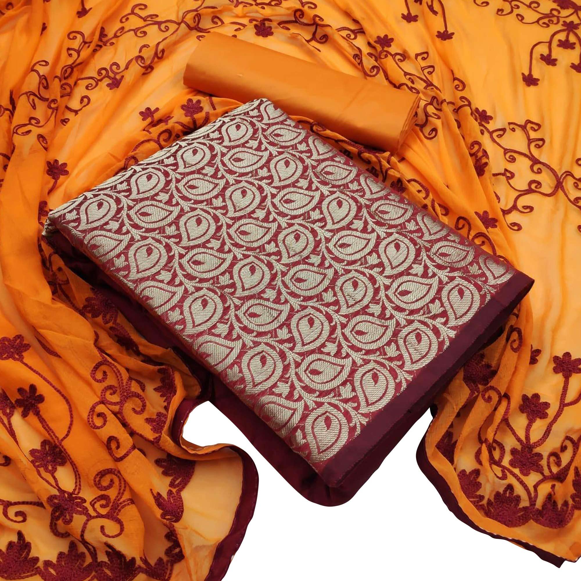 Opulent Maroon Colored Casual Wear Woven Banarasi Silk Dress Material - Peachmode