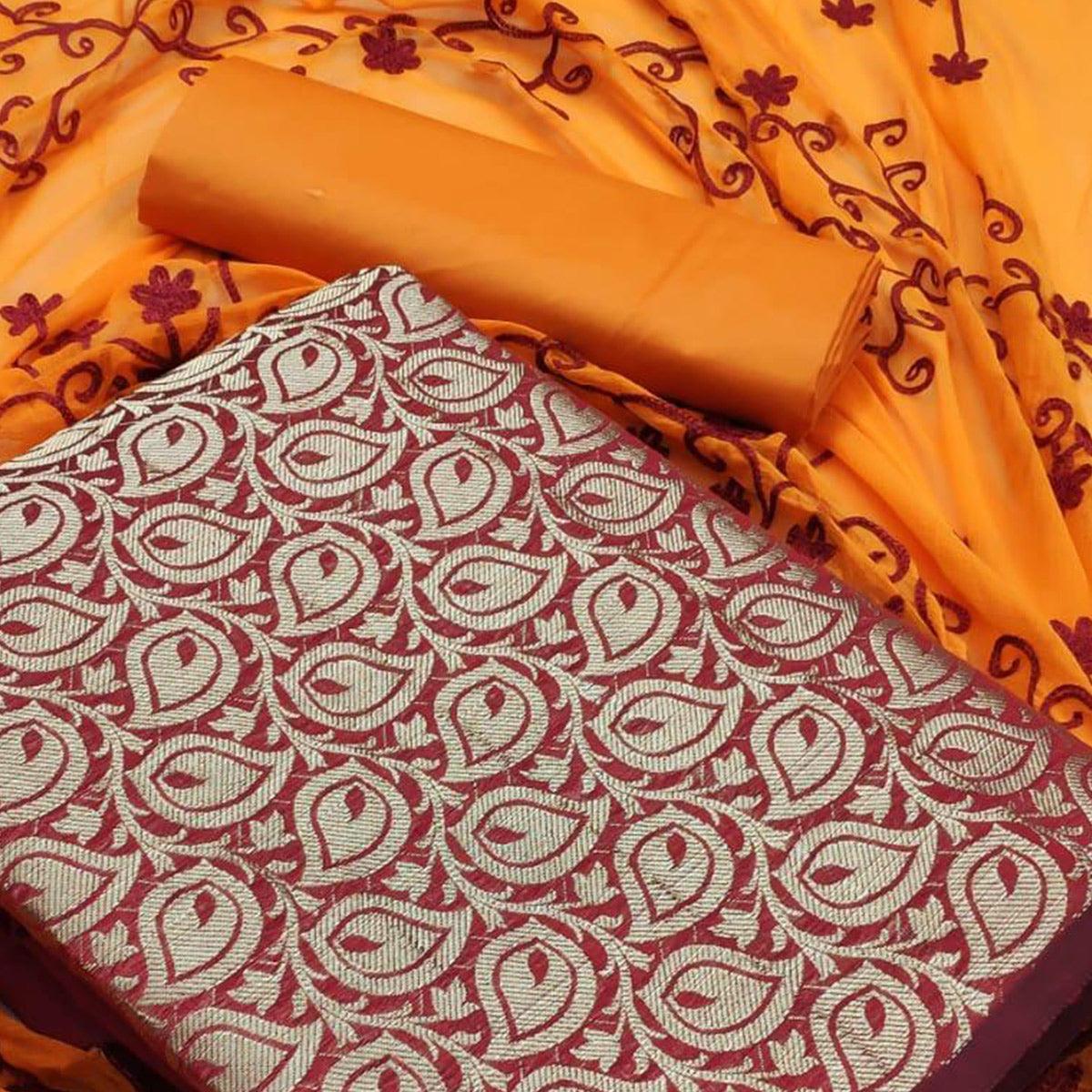 Opulent Maroon Colored Casual Wear Woven Banarasi Silk Dress Material - Peachmode