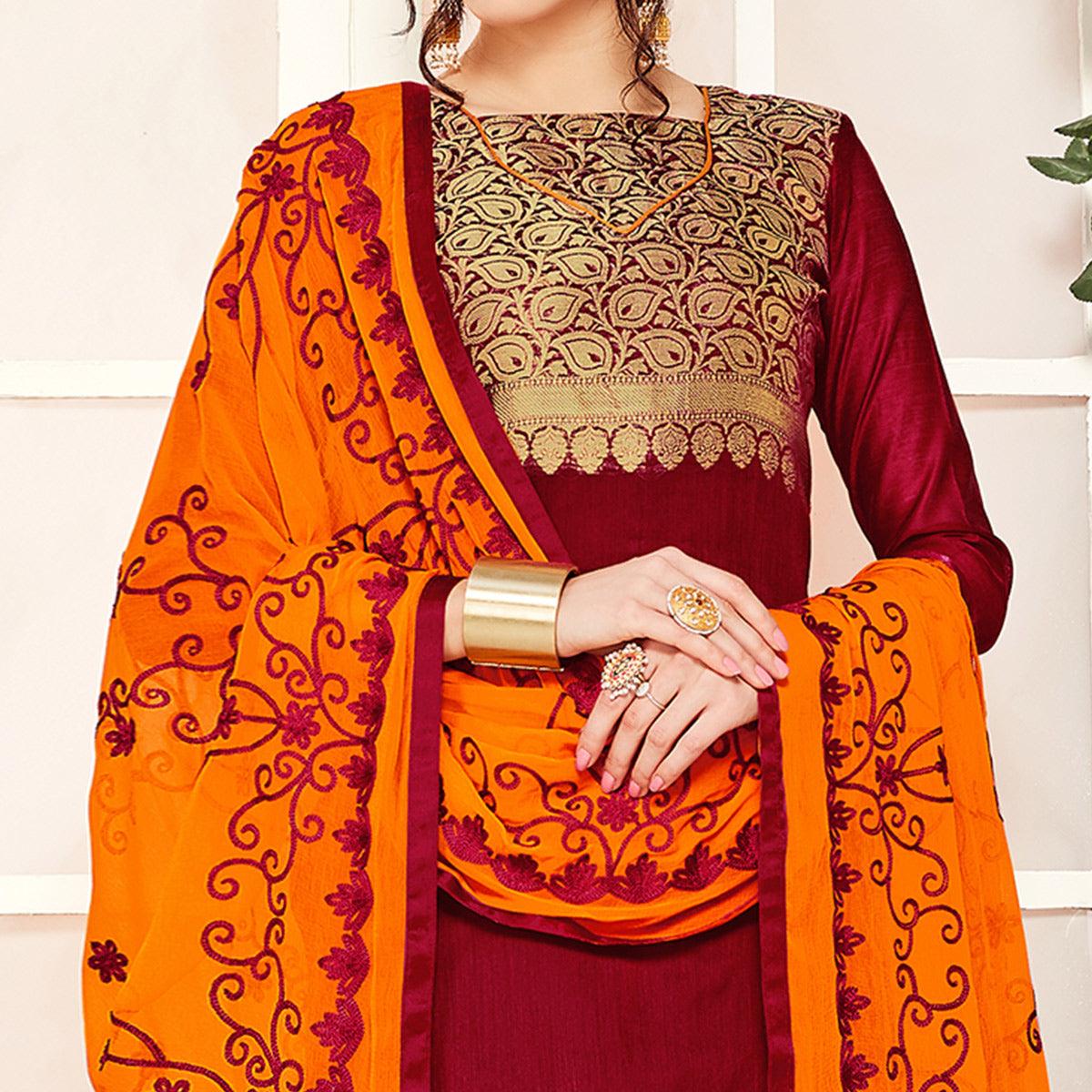 Opulent Maroon Colored Casual Wear Woven Banarasi Silk Dress Material - Peachmode