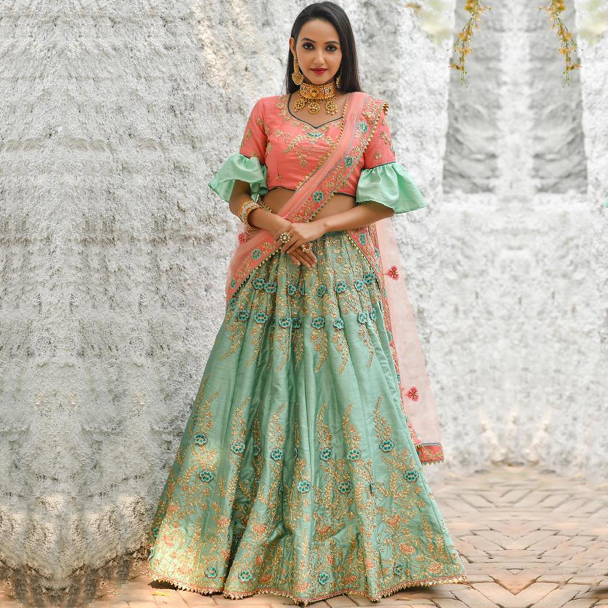 Opulent Mint Green Colored Party Wear Embroidered Silk Lehenga Choli - Peachmode