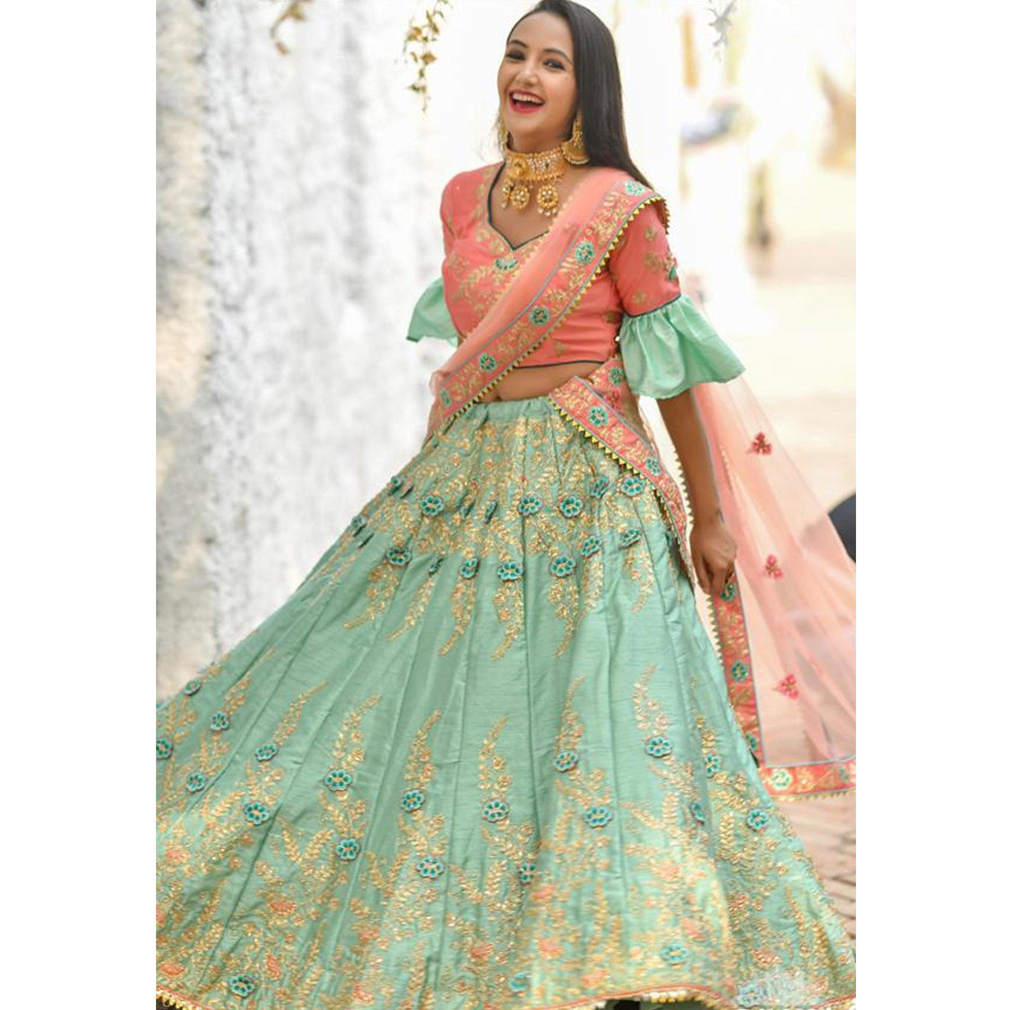 Opulent Mint Green Colored Party Wear Embroidered Silk Lehenga Choli - Peachmode