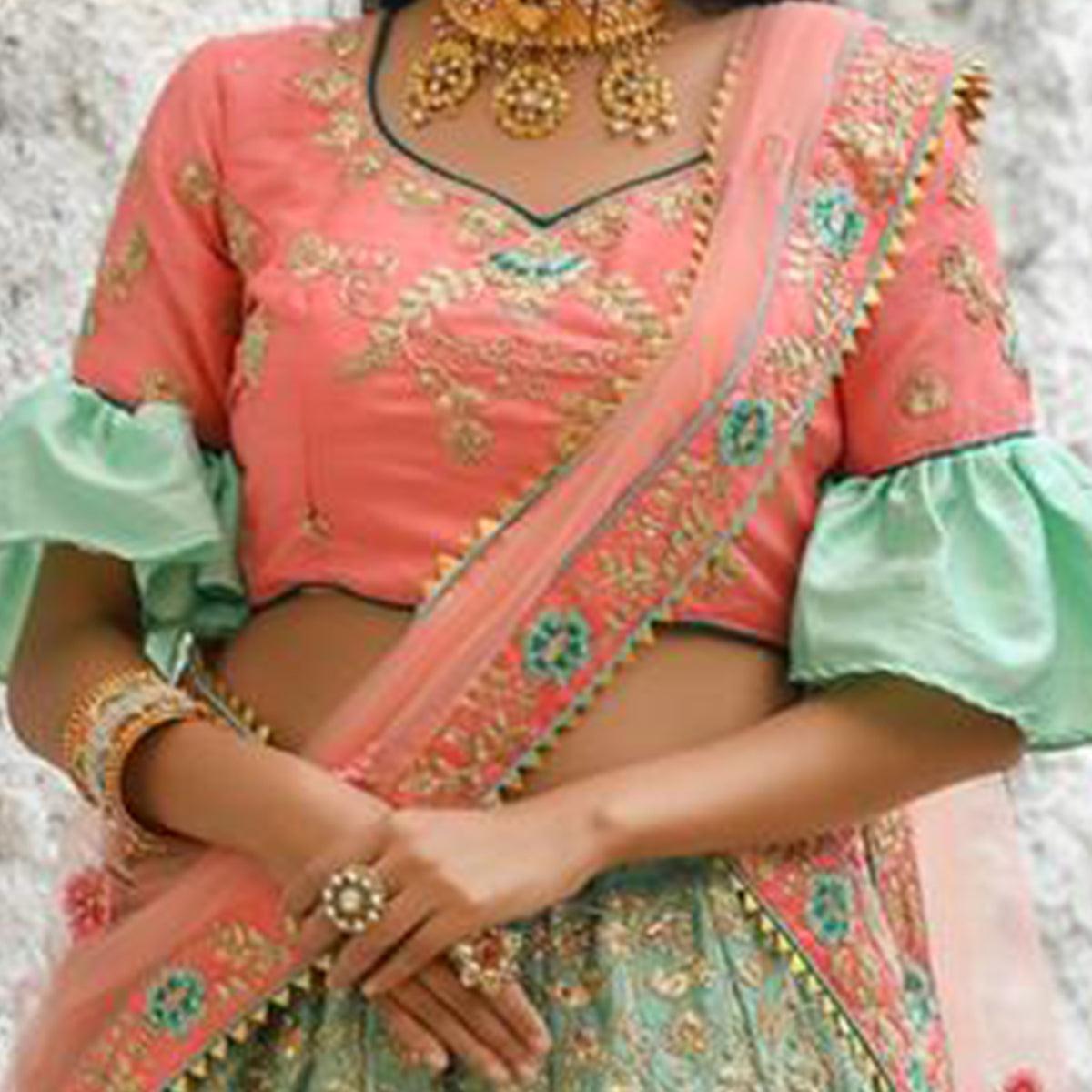 Opulent Mint Green Colored Party Wear Embroidered Silk Lehenga Choli - Peachmode