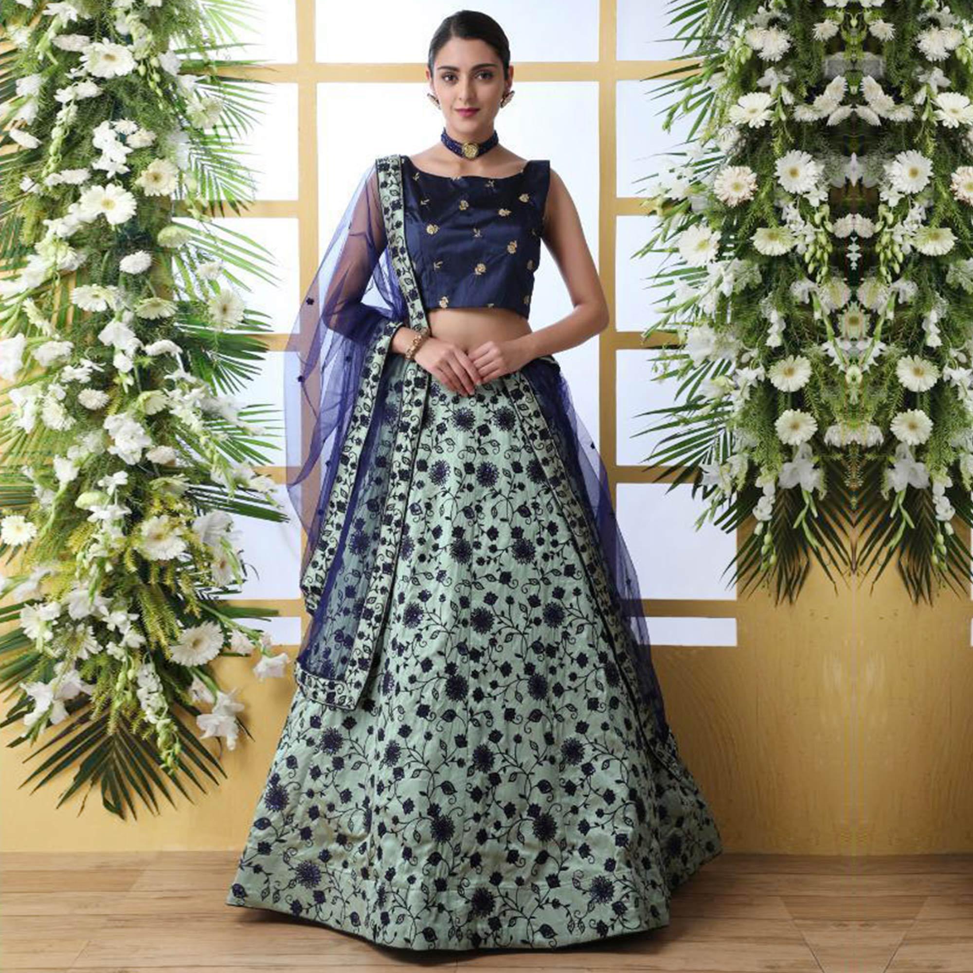 Opulent Mint Green Colored Party Wear Floral Embroidered Art Silk Lehenga Choli - Peachmode
