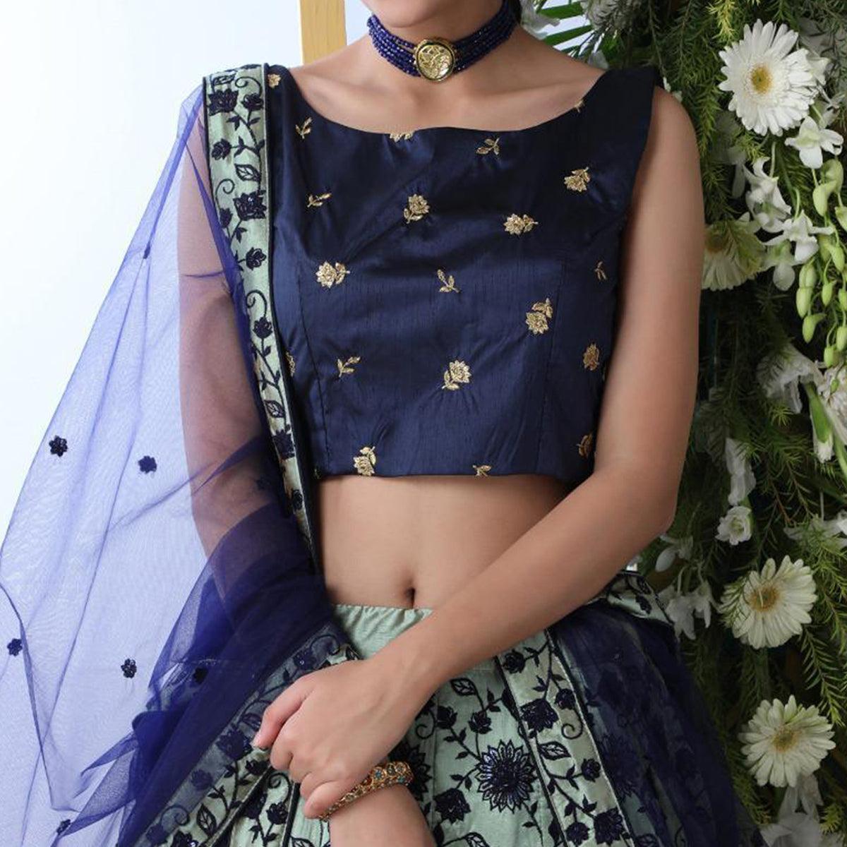 Opulent Mint Green Colored Party Wear Floral Embroidered Art Silk Lehenga Choli - Peachmode