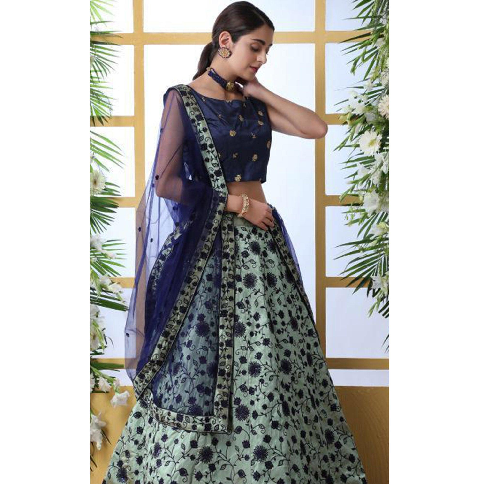 Opulent Mint Green Colored Party Wear Floral Embroidered Art Silk Lehenga Choli - Peachmode