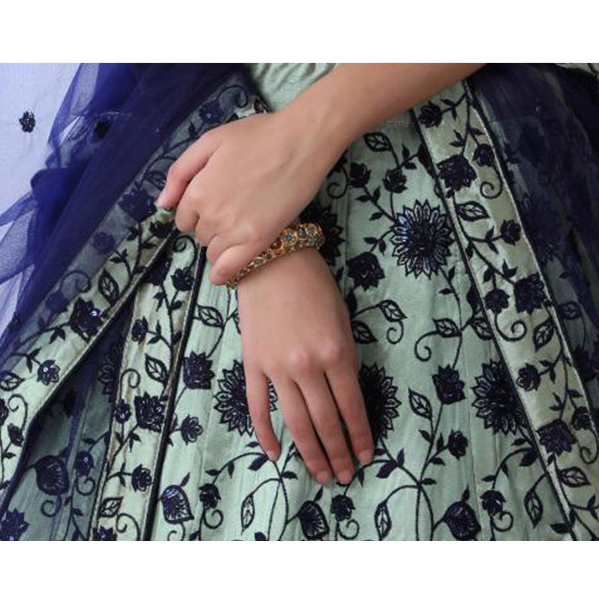 Opulent Mint Green Colored Party Wear Floral Embroidered Art Silk Lehenga Choli - Peachmode