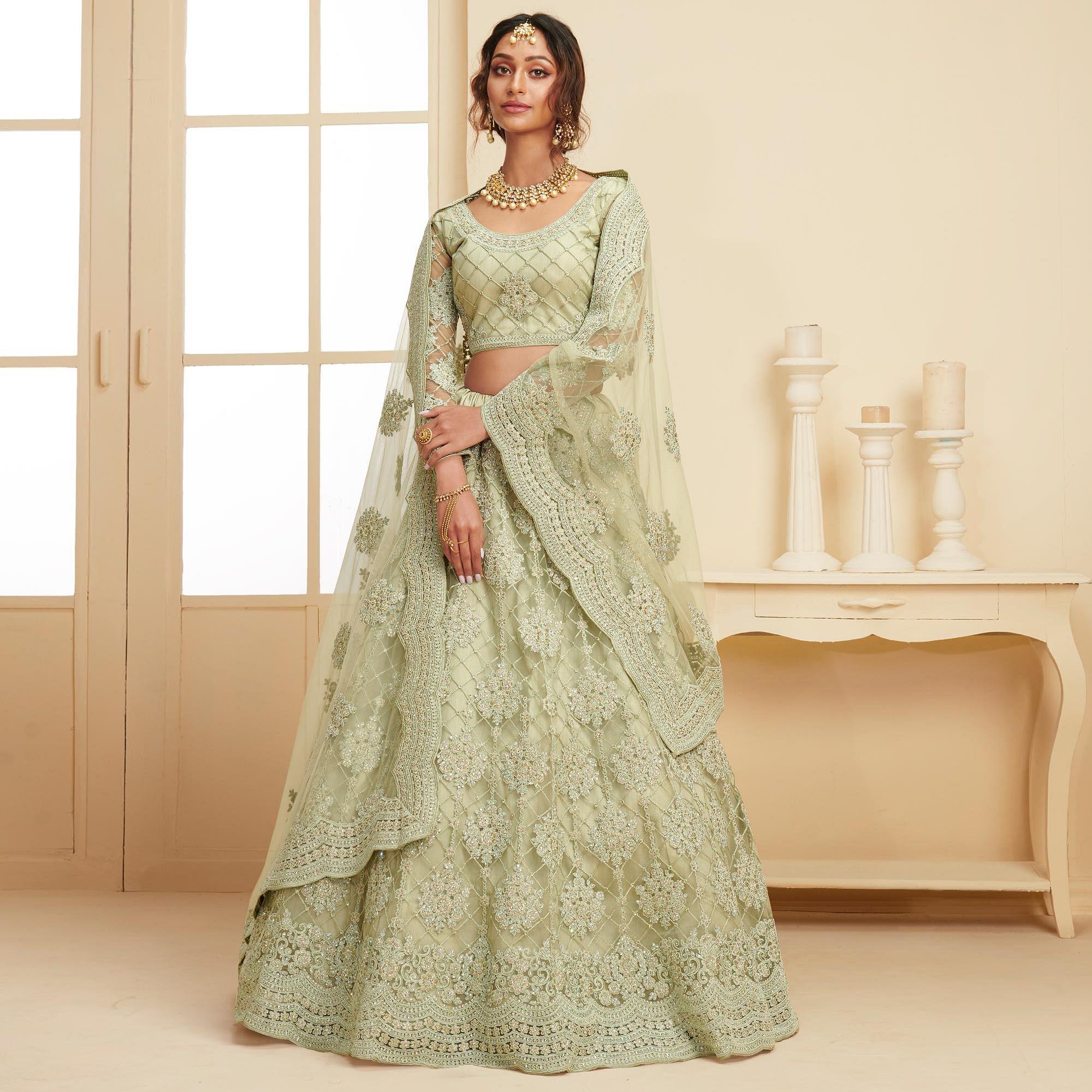 Opulent Mint Green Coloured Wedding Wear Cording Embroidered Net Lehenga Choli - Peachmode