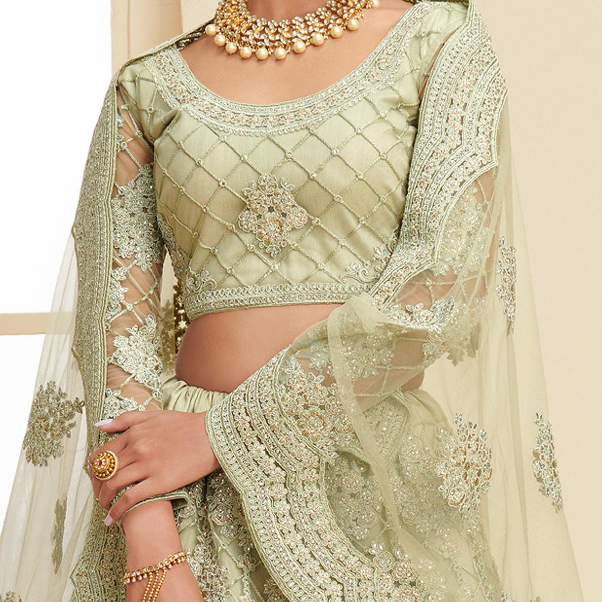 Opulent Mint Green Coloured Wedding Wear Cording Embroidered Net Lehenga Choli - Peachmode