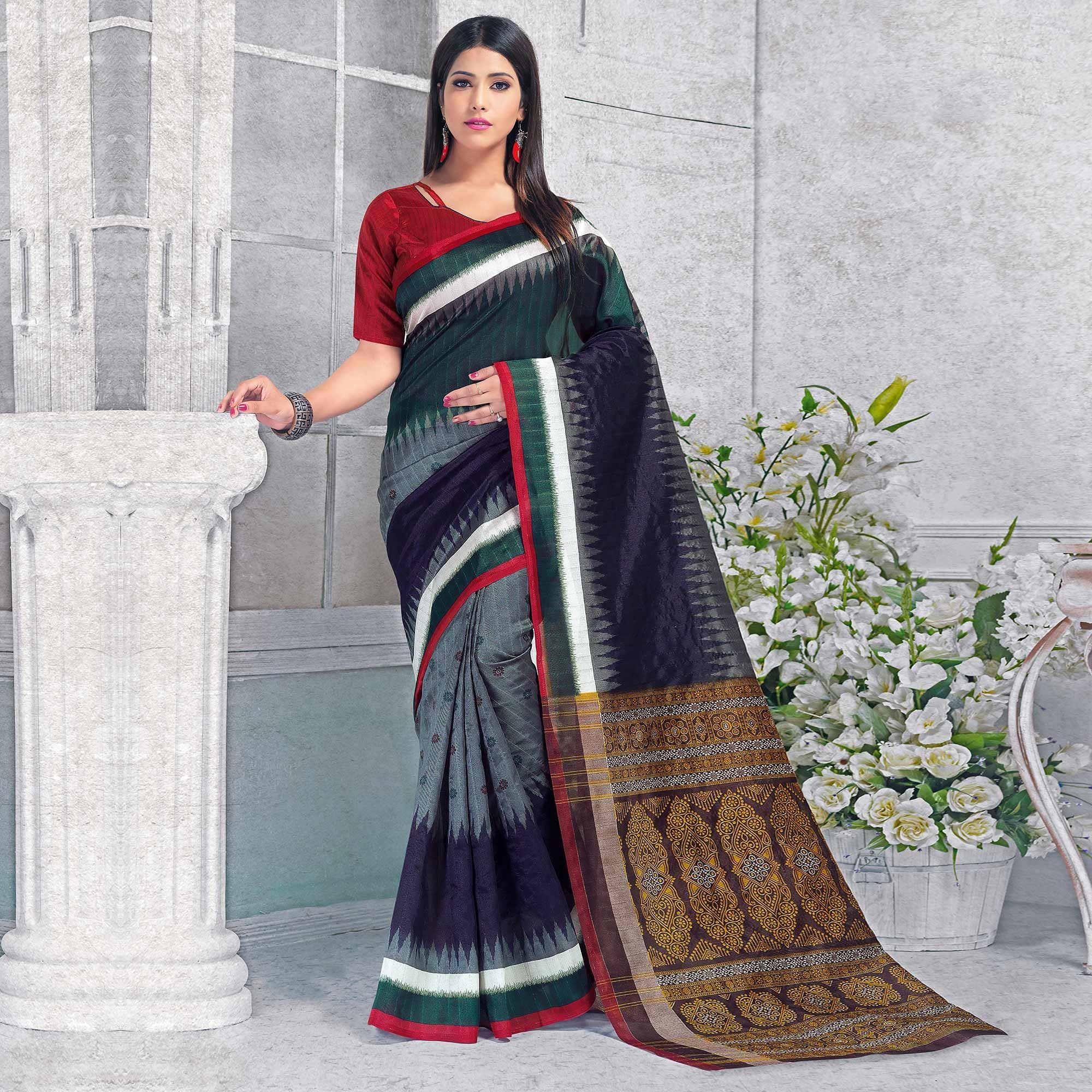 Opulent Multi Colored Casual Wear Printed Bhagalpuri Silk Saree - Peachmode