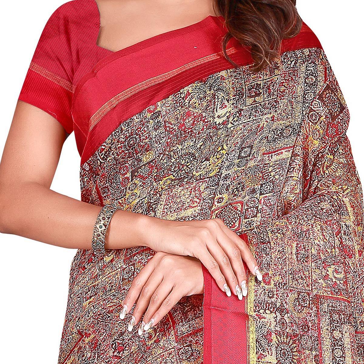 Opulent Multi Colored Casual Wear Printed Cotton Handloom Saree - Peachmode