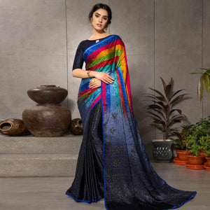 Opulent Multi Colored Partywear Printed Silk Crape Saree - Peachmode