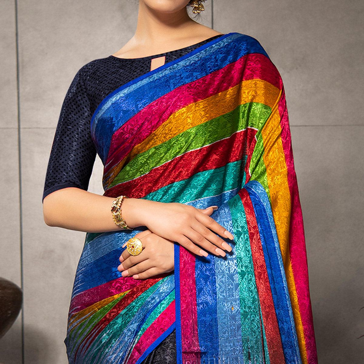 Opulent Multi Colored Partywear Printed Silk Crape Saree - Peachmode