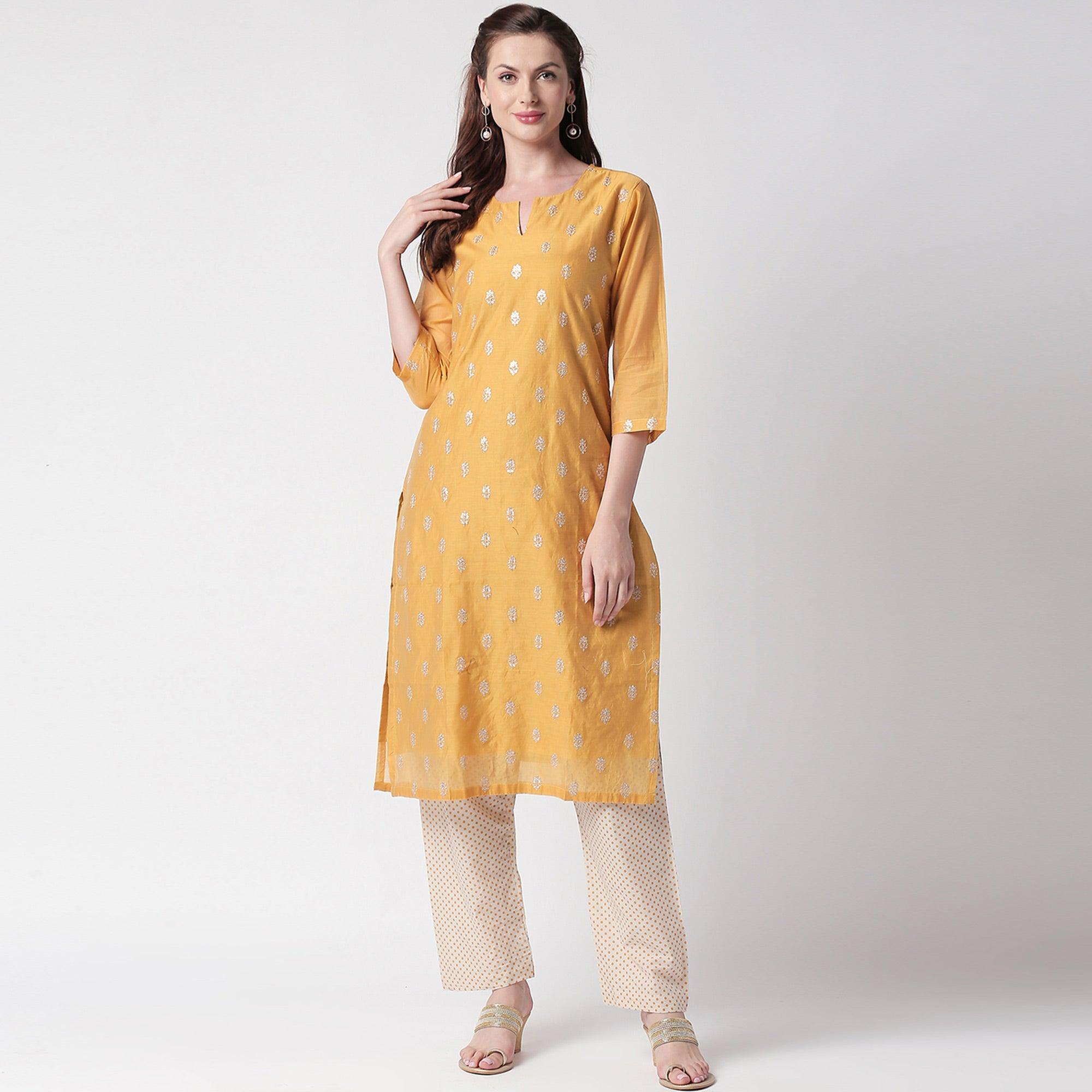 Opulent Mustard Yellow Colored Partywear Embroidered Silk Kurti - Bottom Set - Peachmode