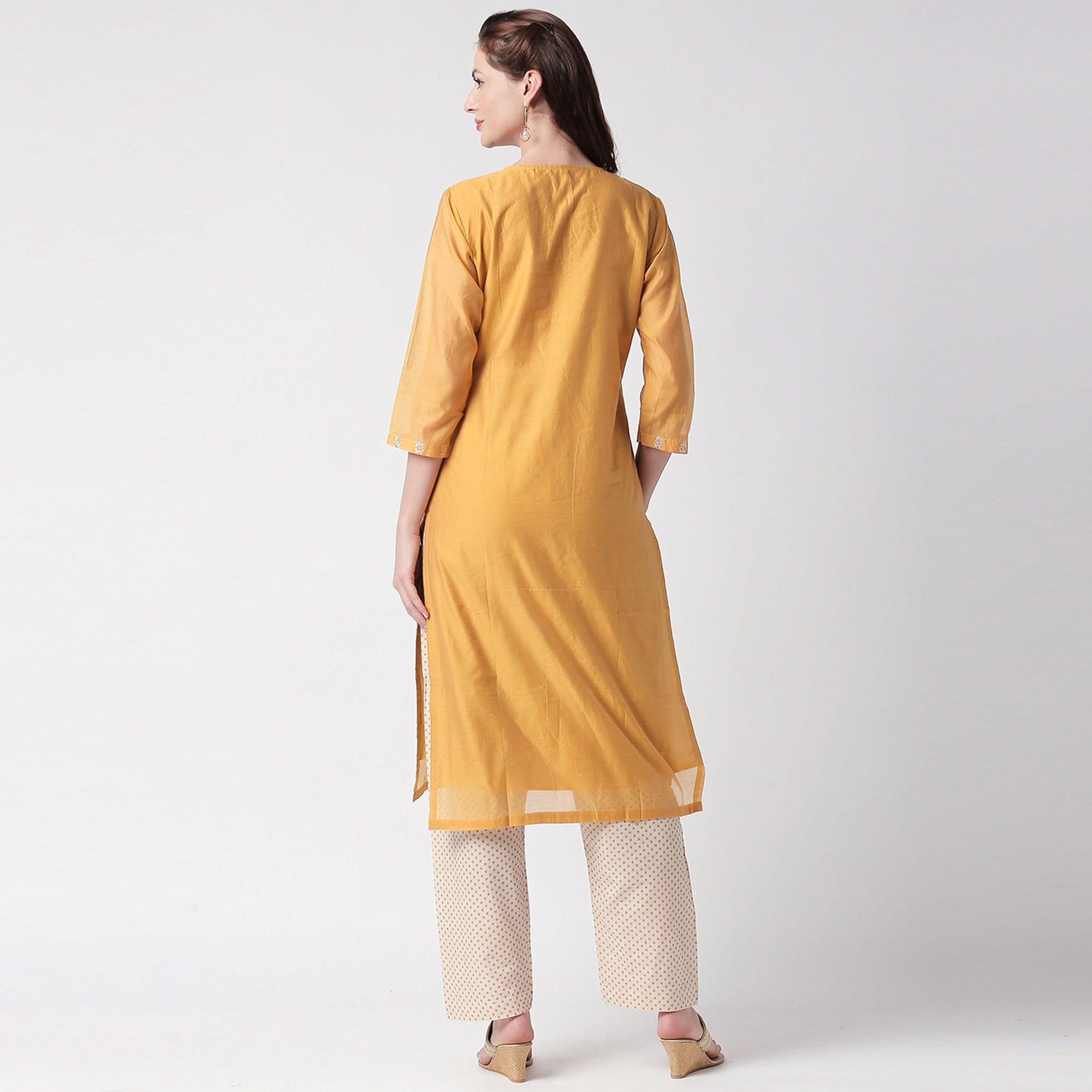 Opulent Mustard Yellow Colored Partywear Embroidered Silk Kurti - Bottom Set - Peachmode
