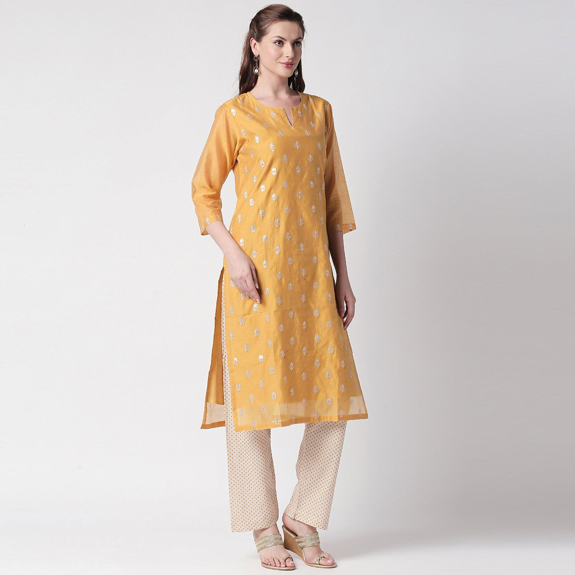 Opulent Mustard Yellow Colored Partywear Embroidered Silk Kurti - Bottom Set - Peachmode