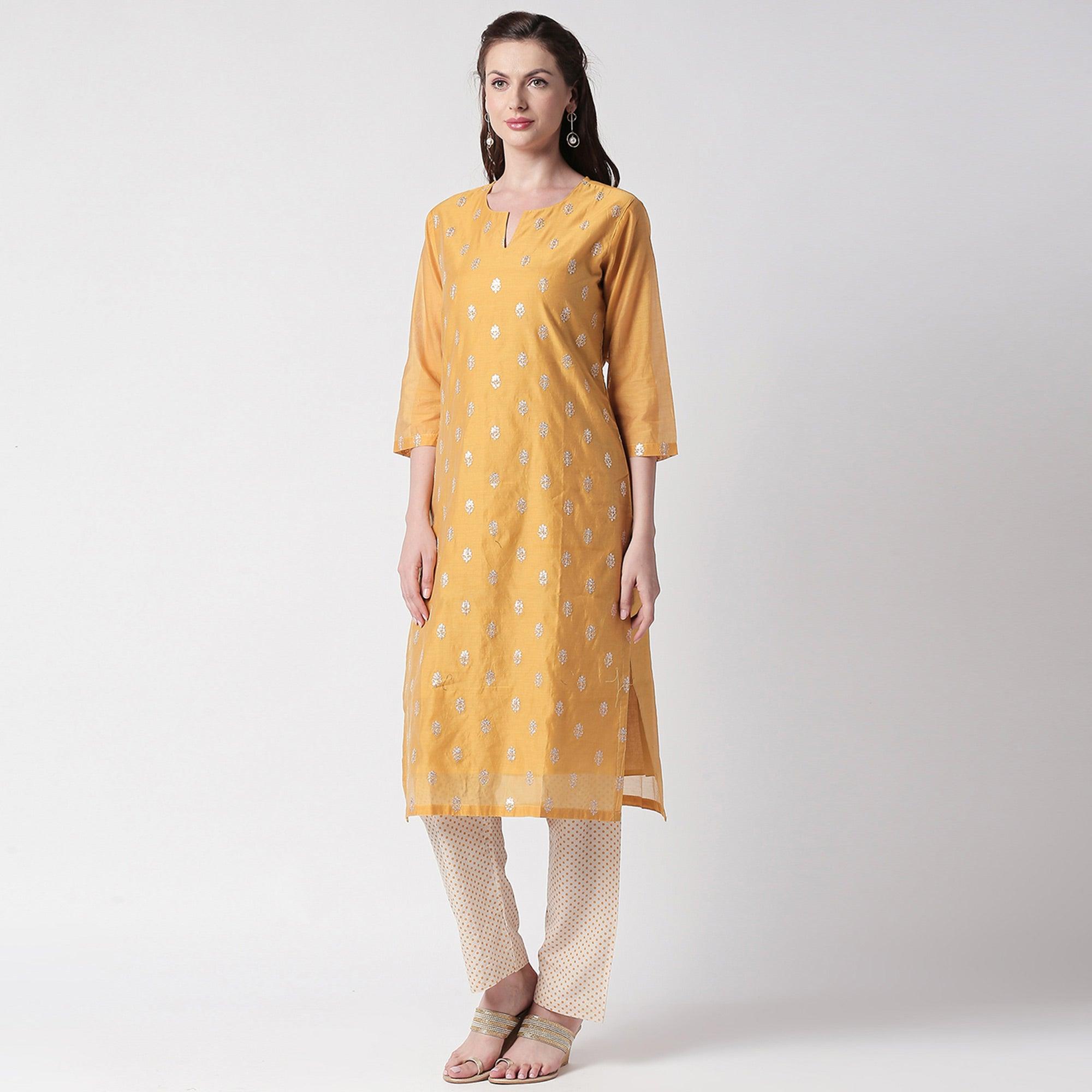 Opulent Mustard Yellow Colored Partywear Embroidered Silk Kurti - Bottom Set - Peachmode