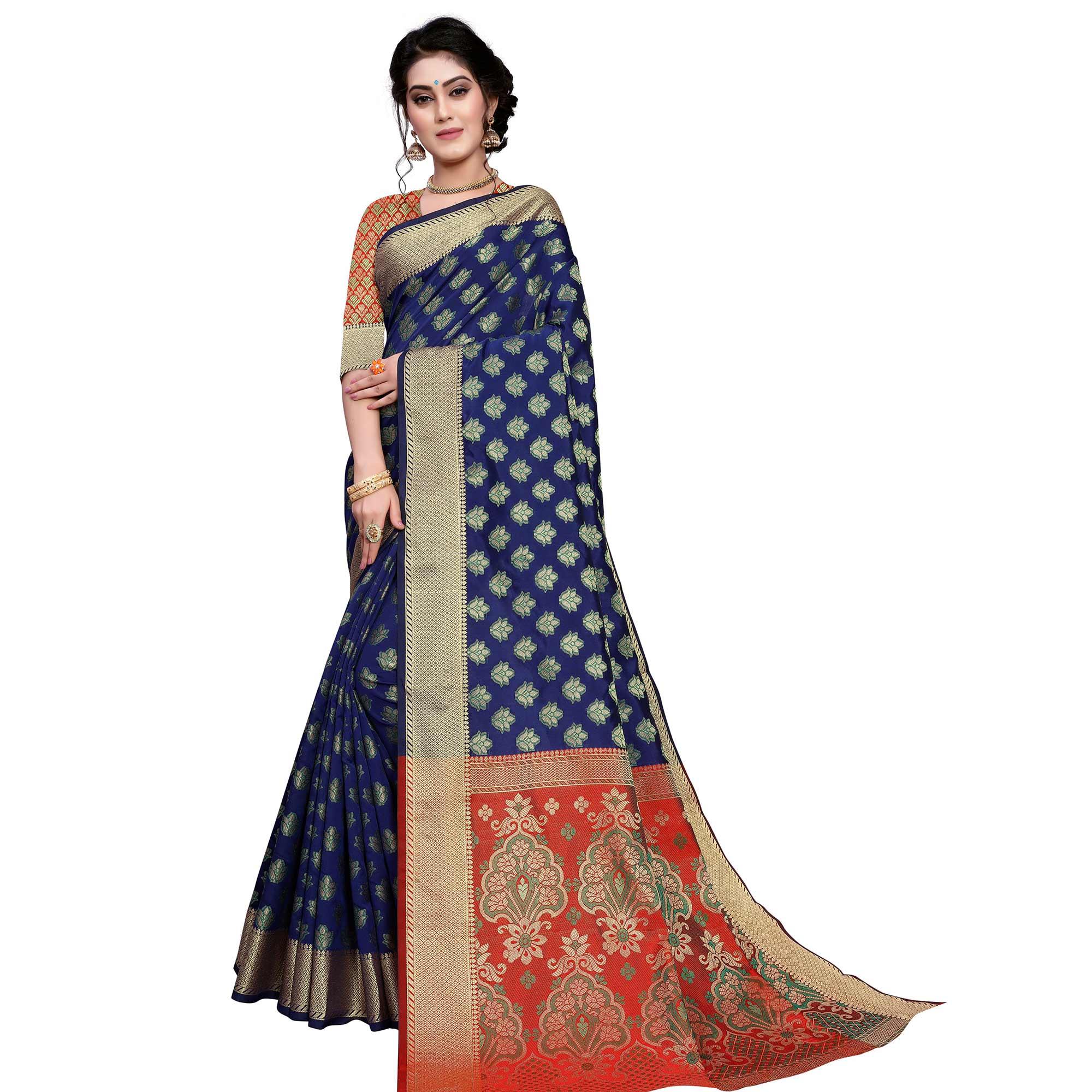 Opulent Navy Blue Colored Festive Wear Woven Art Silk Saree - Peachmode