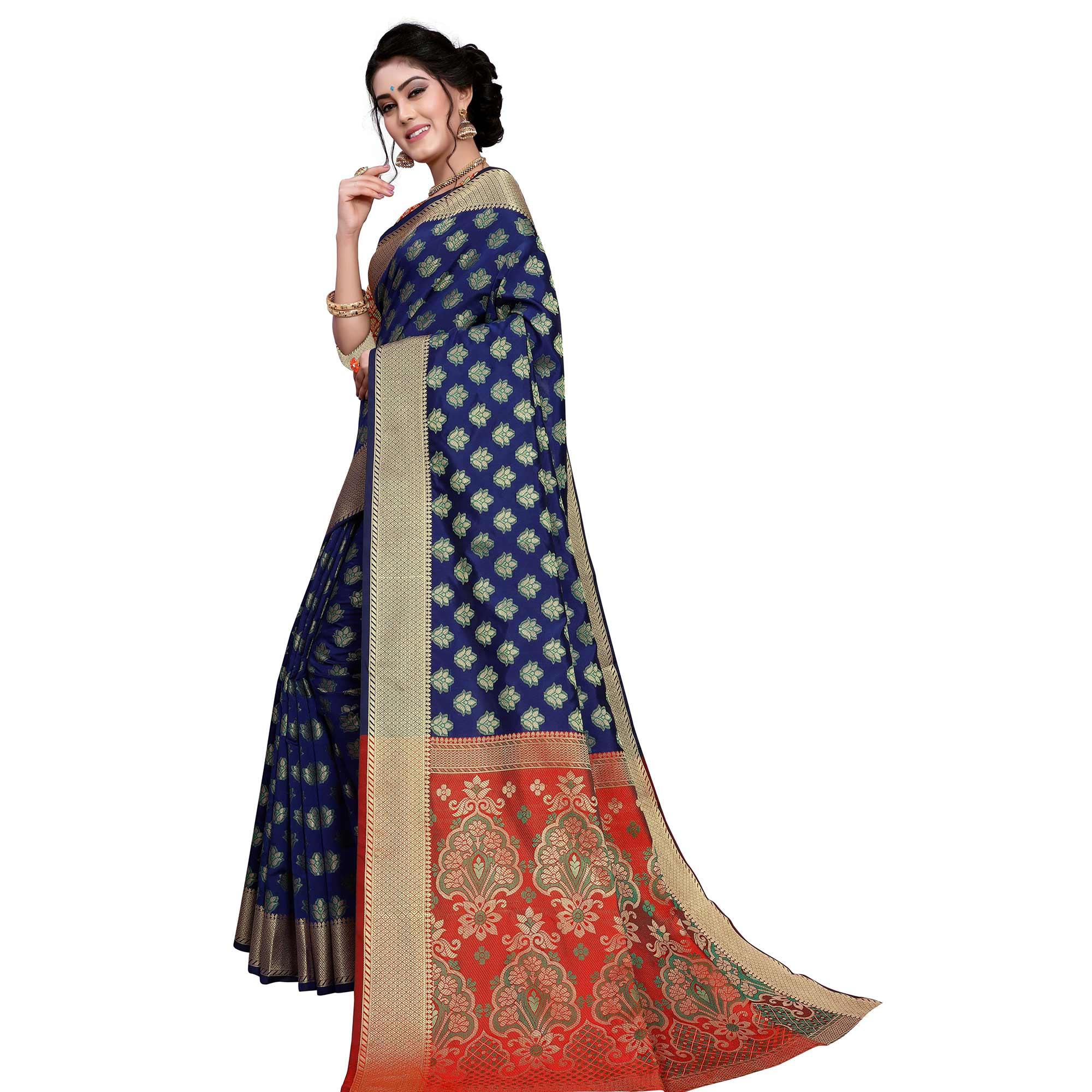 Opulent Navy Blue Colored Festive Wear Woven Art Silk Saree - Peachmode