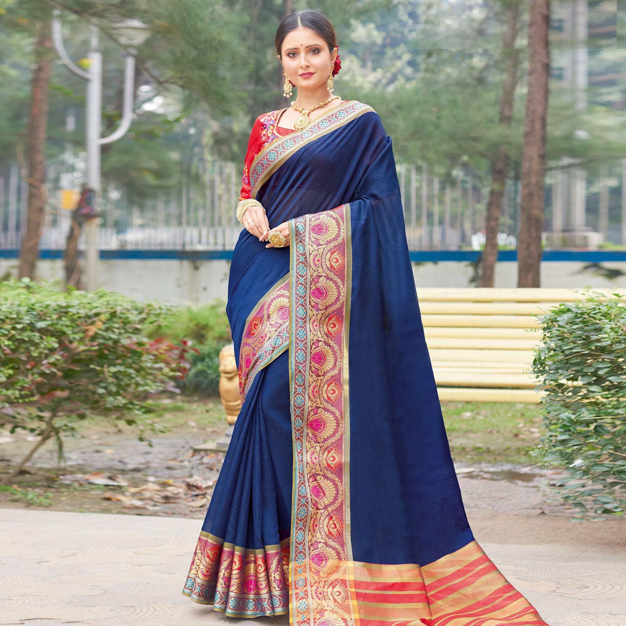Opulent Navy Blue Colored Festive Wear Woven Handloom Silk Saree - Peachmode