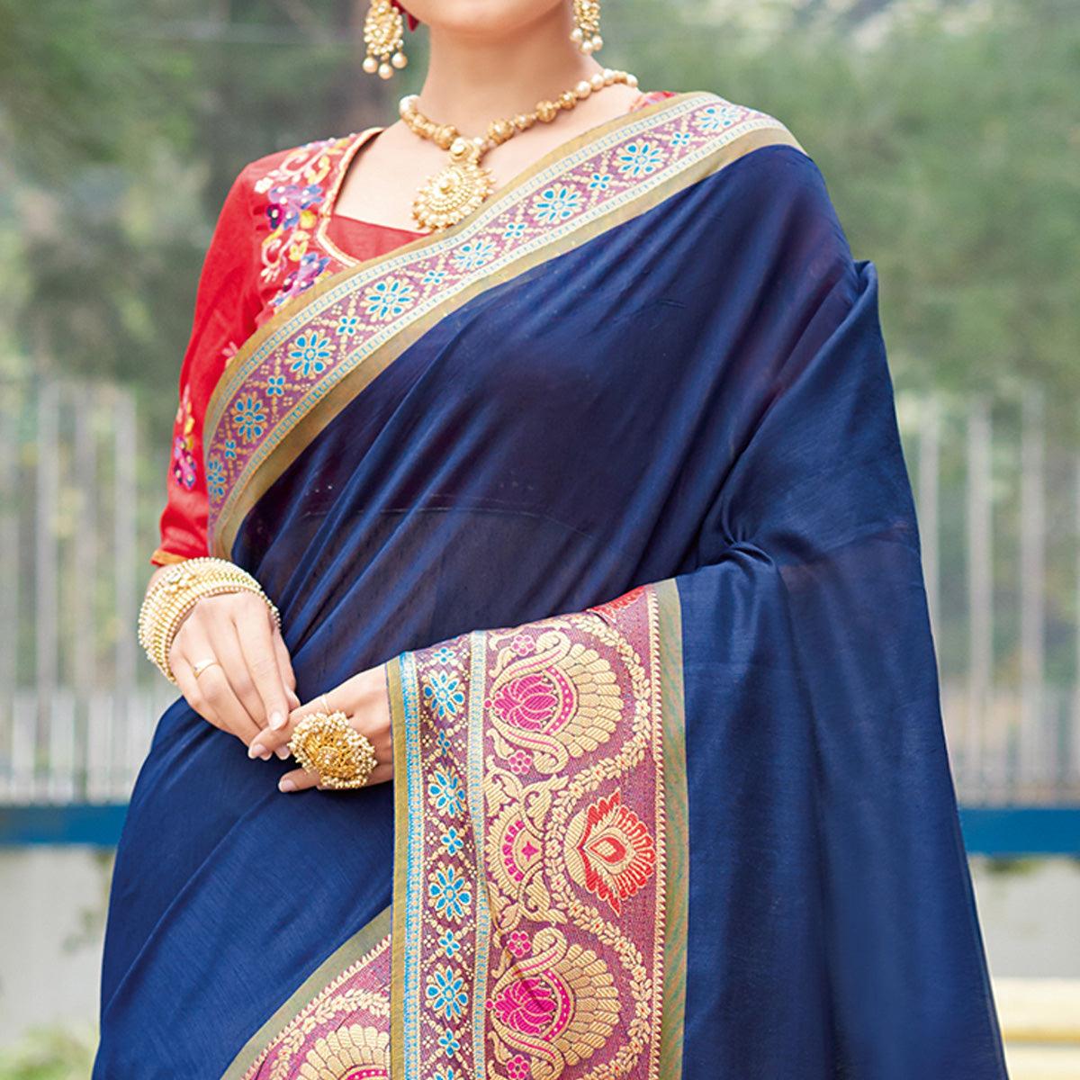 Opulent Navy Blue Colored Festive Wear Woven Handloom Silk Saree - Peachmode