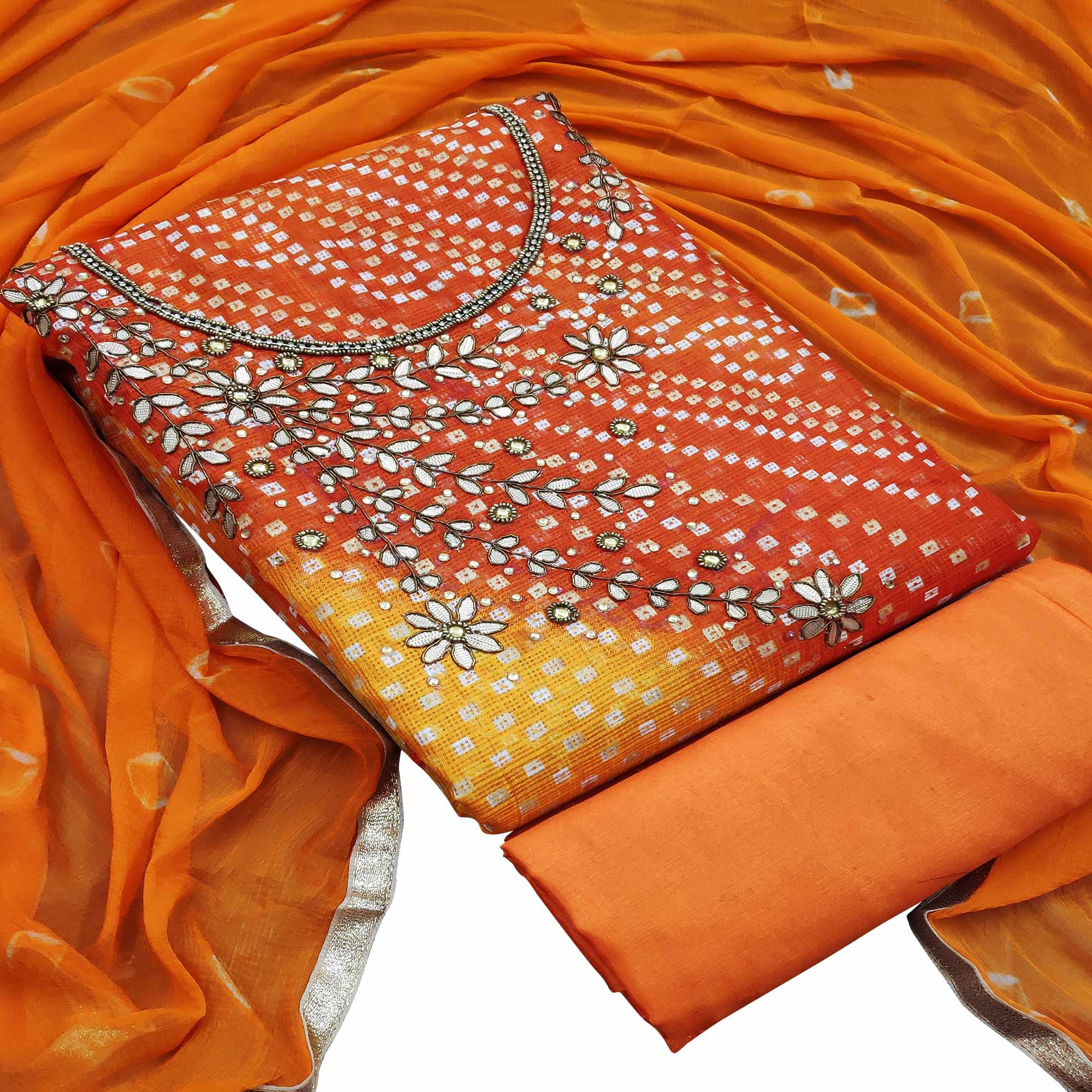 Opulent Orange Colored Festive Wear Embroidered Heavy Banarasi Silk Dress Material - Peachmode