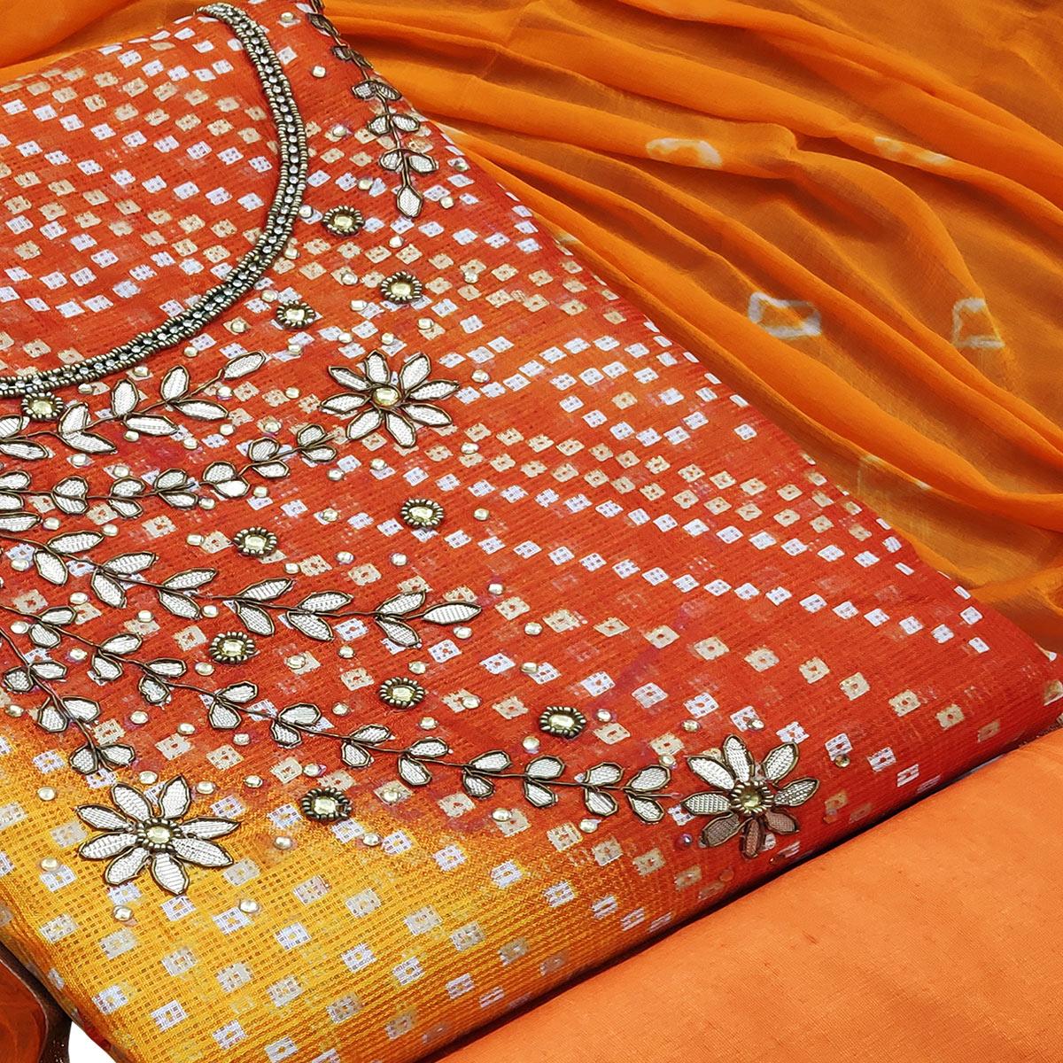 Opulent Orange Colored Festive Wear Embroidered Heavy Banarasi Silk Dress Material - Peachmode