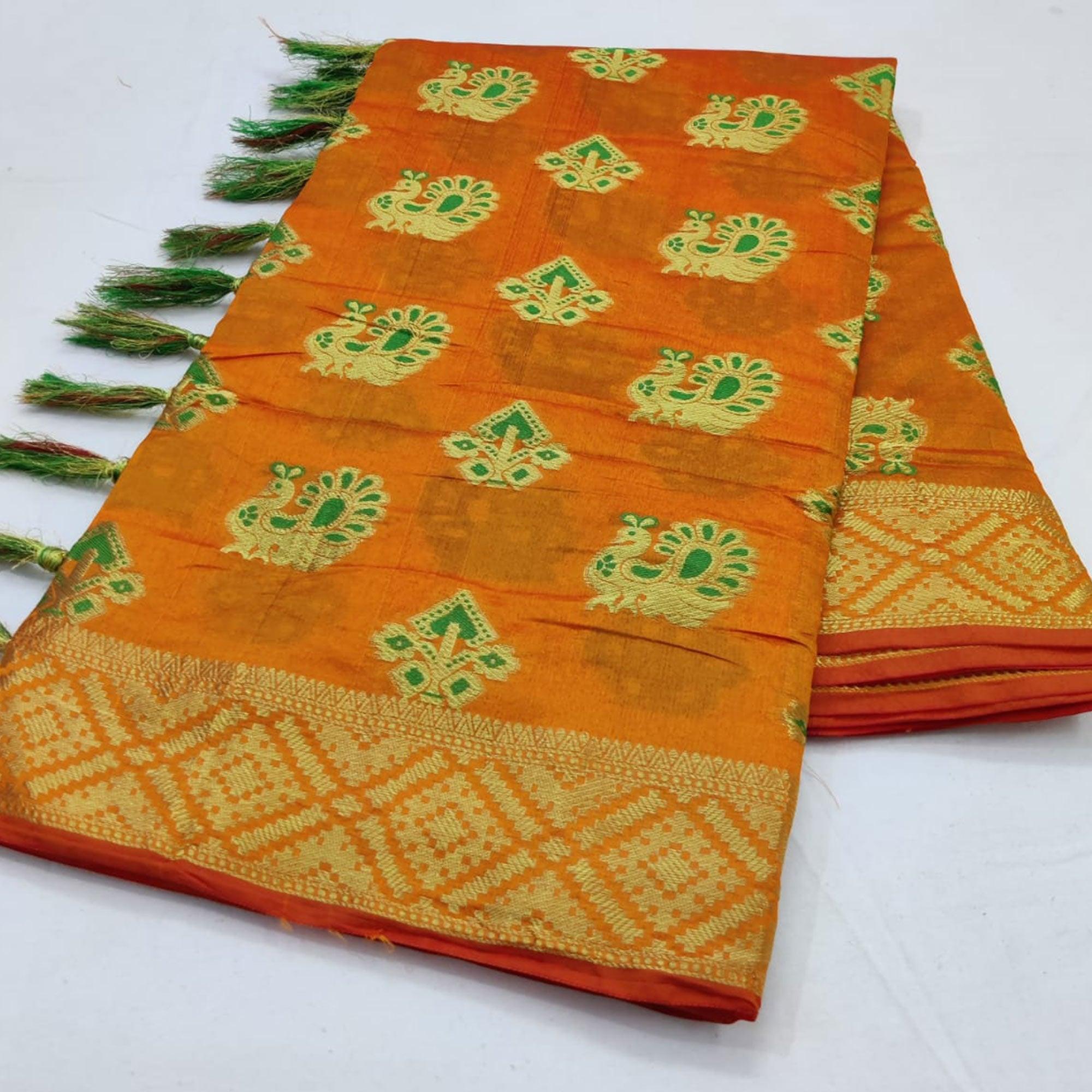 Opulent Orange Colored Festive Wear Woven Cotton Saree - Peachmode