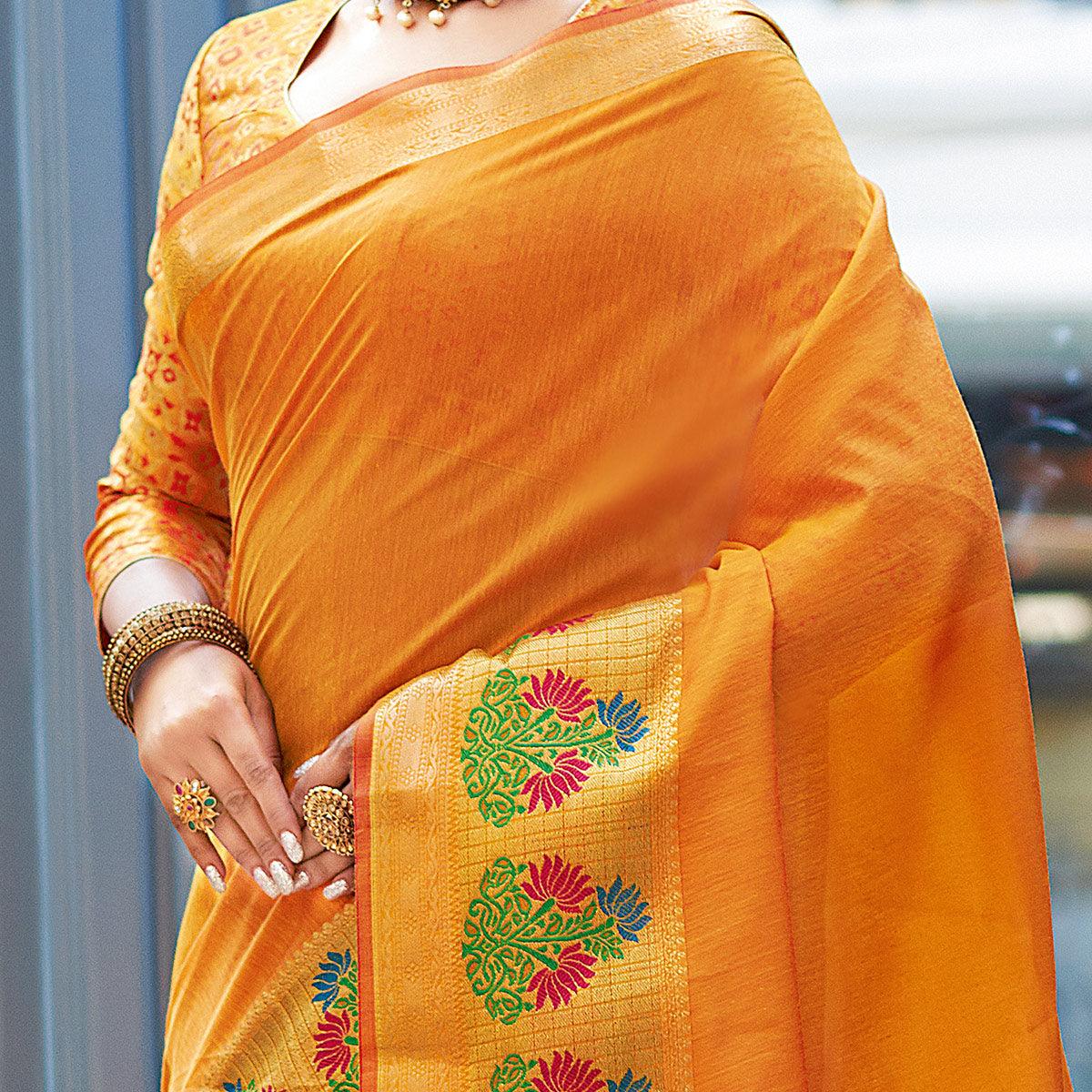 Opulent Orange Colored Festive Wear Woven Cotton Silk Saree - Peachmode
