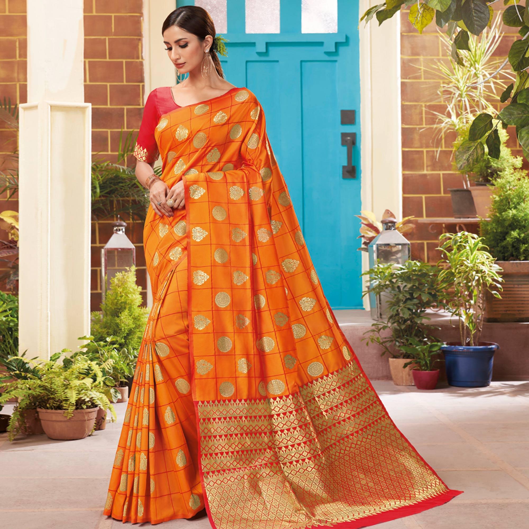 Opulent Orange Colored Festive Wear Woven Silk Saree - Peachmode