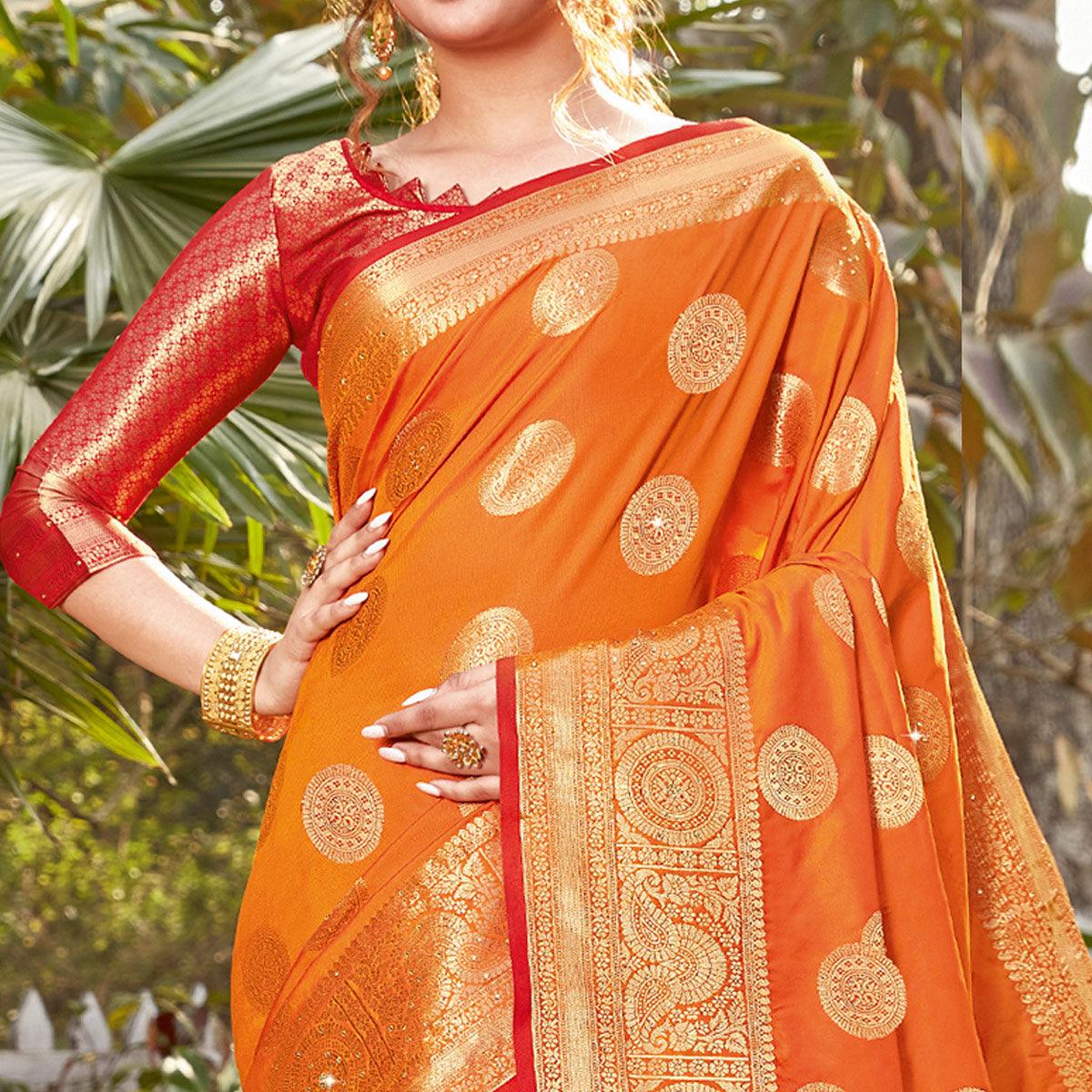 Opulent Orange Colored Festive Wear Woven Silk Saree - Peachmode