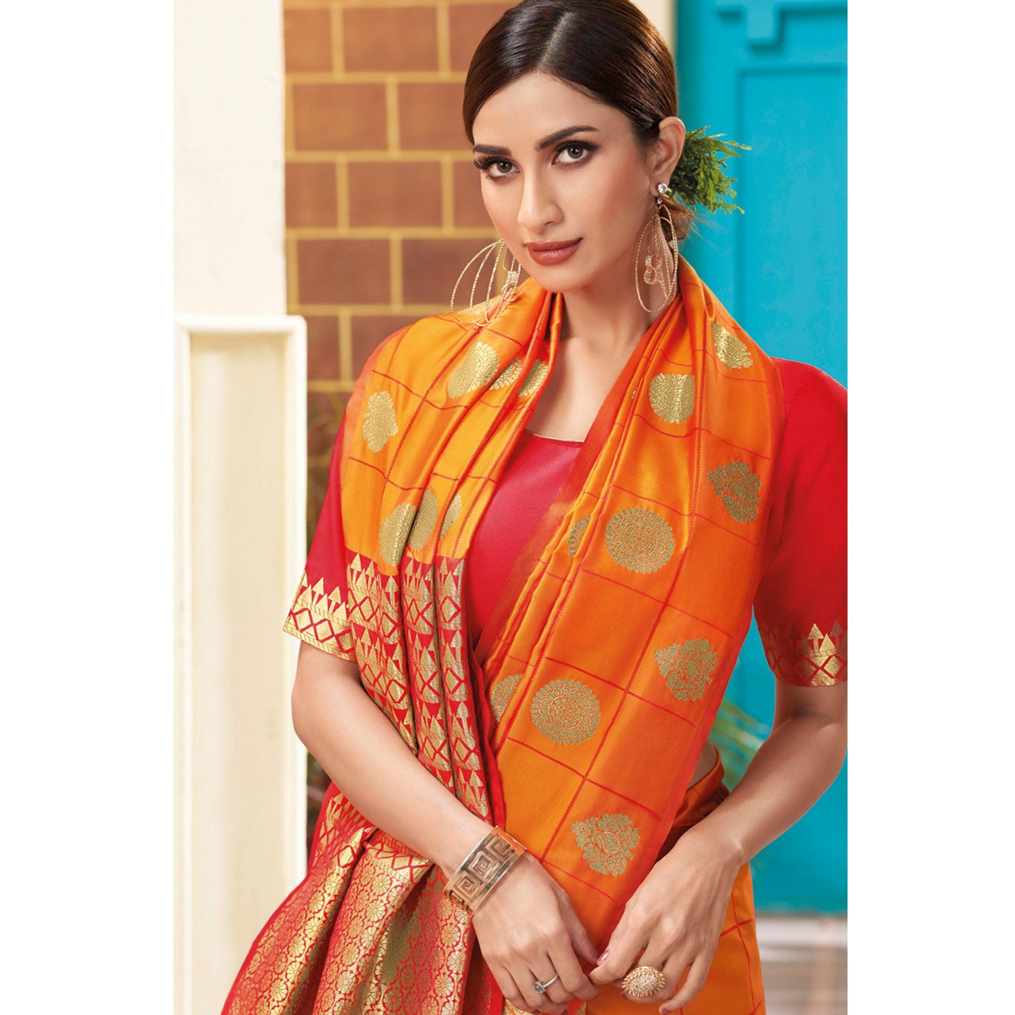 Opulent Orange Colored Festive Wear Woven Silk Saree - Peachmode