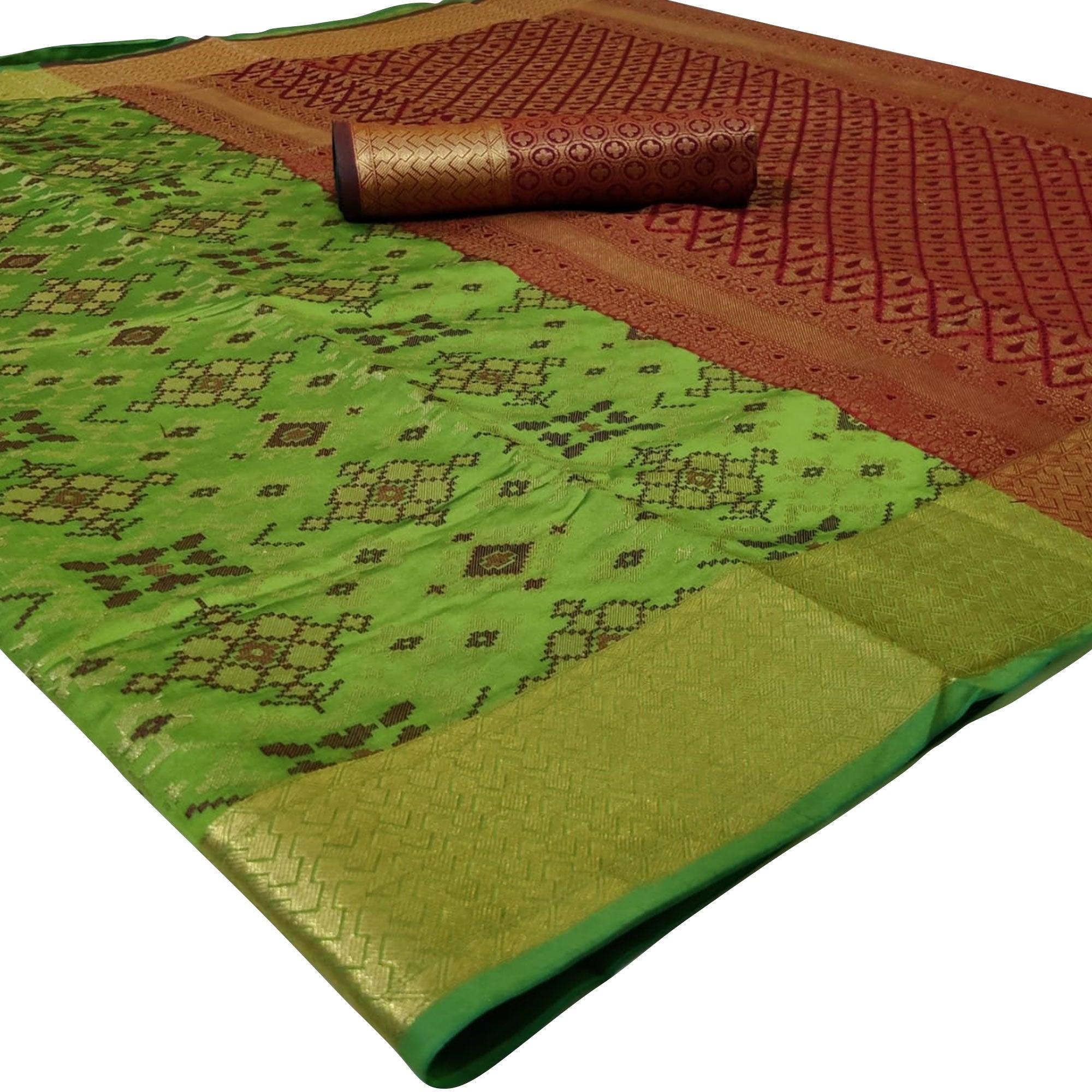 Opulent Parrot Green Colored Festive Wear Woven Silk Saree - Peachmode